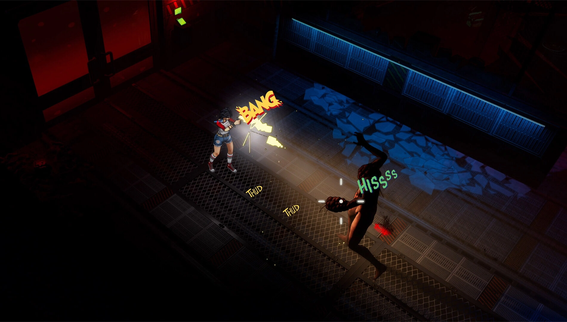 A character in a dark corridor with comic-style sound effects like "BANG" and "HSSSS" on screen