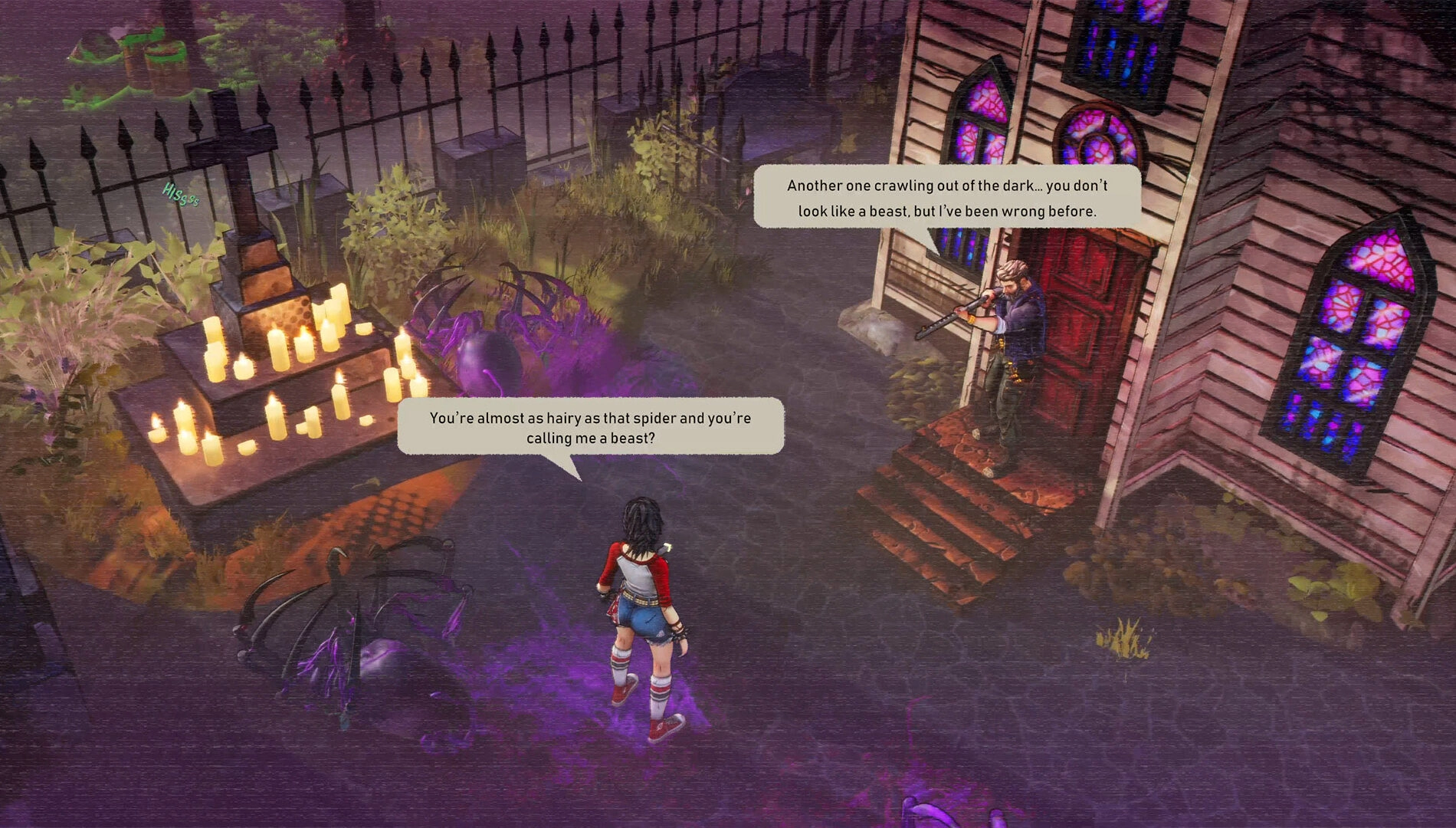 A character confronts a figure outside a spooky church, with comic-style dialogue bubbles above them