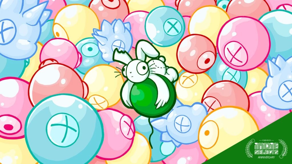 Colorful cartoon bunny surrounded by vibrant, playful balloons with Indie Selects Anniversary logo