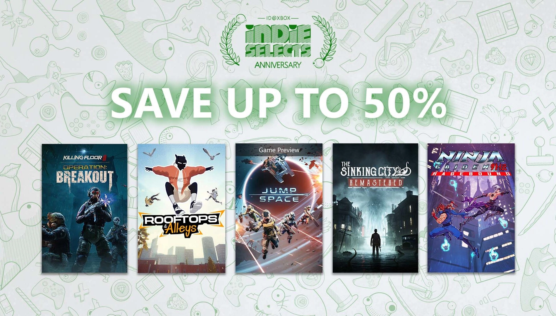 Five indie game covers displayed under a "Save Up to 50%" banner for the Indie Selects Anniversary Sale
