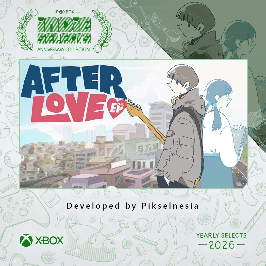 Two characters with a guitar stand against a cityscape backdrop, promoting Afterlove EP game