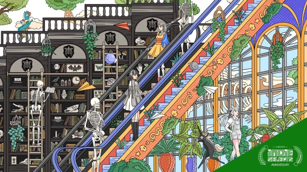 Skeletons and characters ride escalators in a whimsical library setting, celebrating Indie Selects anniversary