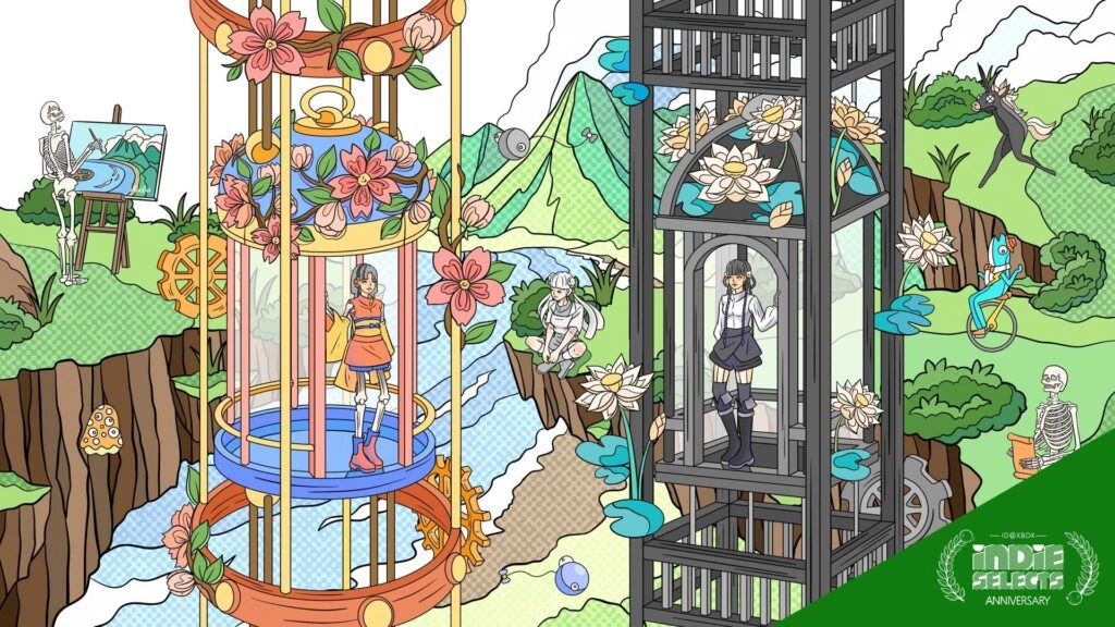 Colorful illustration of two characters in floral-themed elevators, surrounded by a whimsical landscape