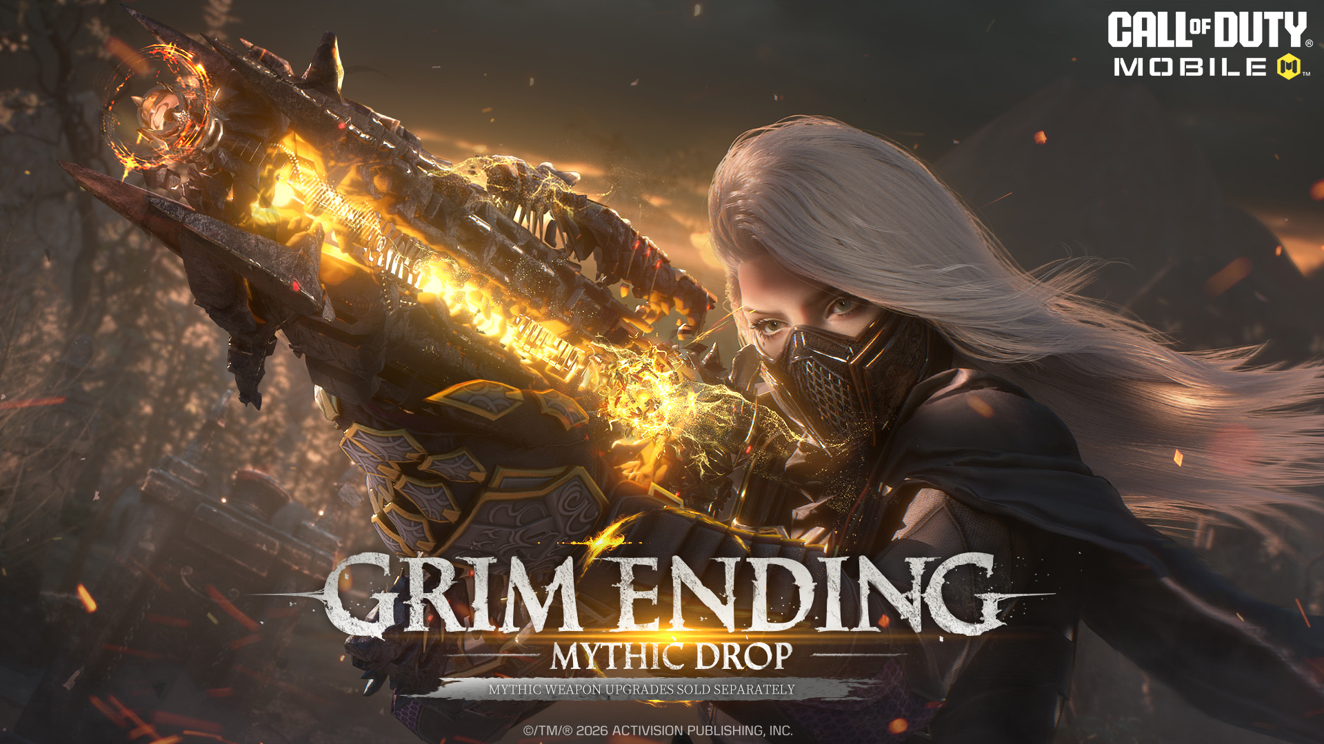 Call of Duty: Mobile Season 1 Grim Ending Mythic Draw featuring a fierce character wielding a blazing weapon.