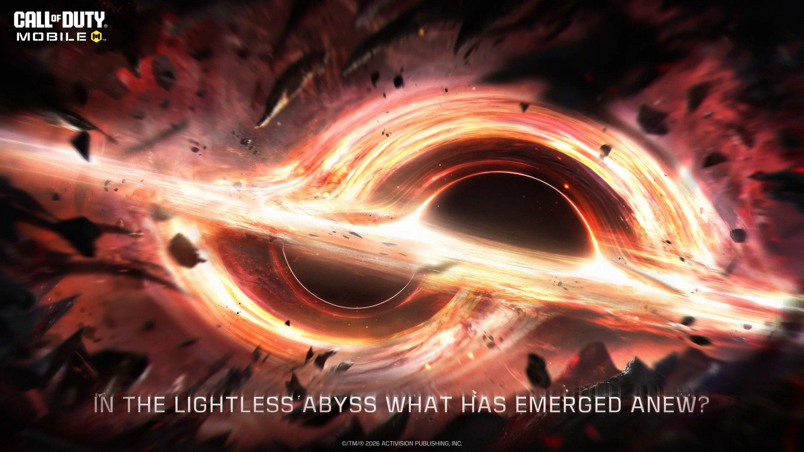 Epic cosmic scene with a swirling abyss, promoting Call of Duty®: Mobile Season 1 - Frozen Abyss launching January 14.