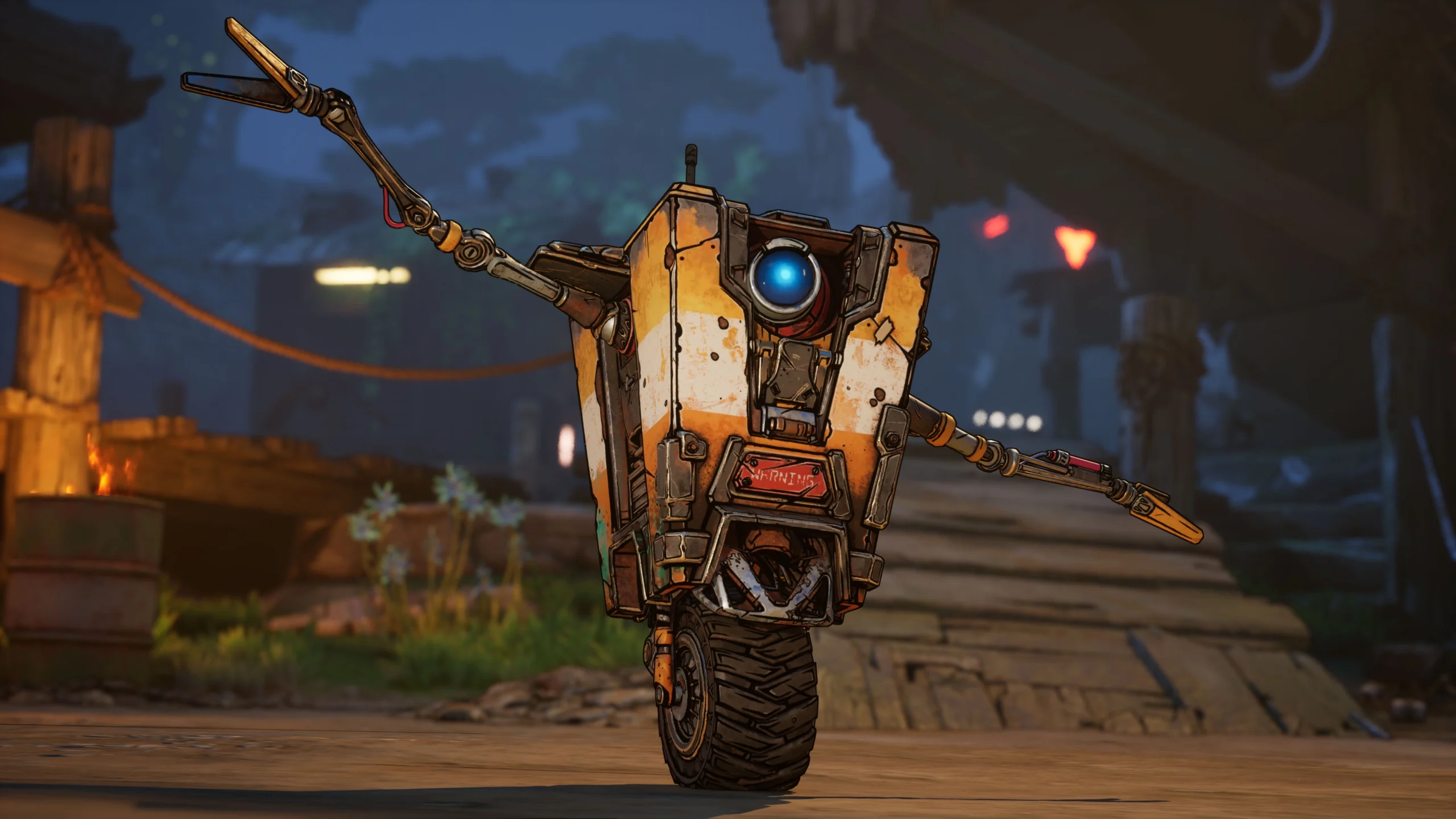 Claptrap, the iconic robot from Borderlands, joyfully balances on one wheel in a vibrant, post-apocalyptic setting