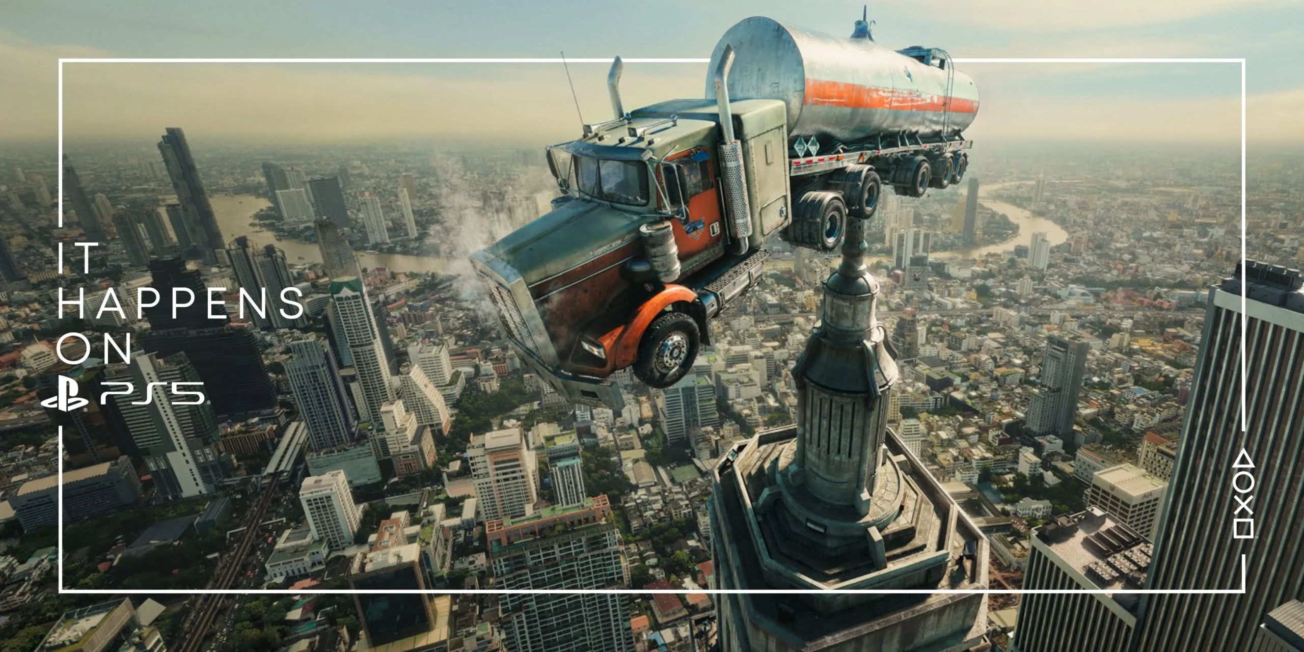 A truck precariously balanced on a skyscraper spire, showcasing PlayStation 5's thrilling moments