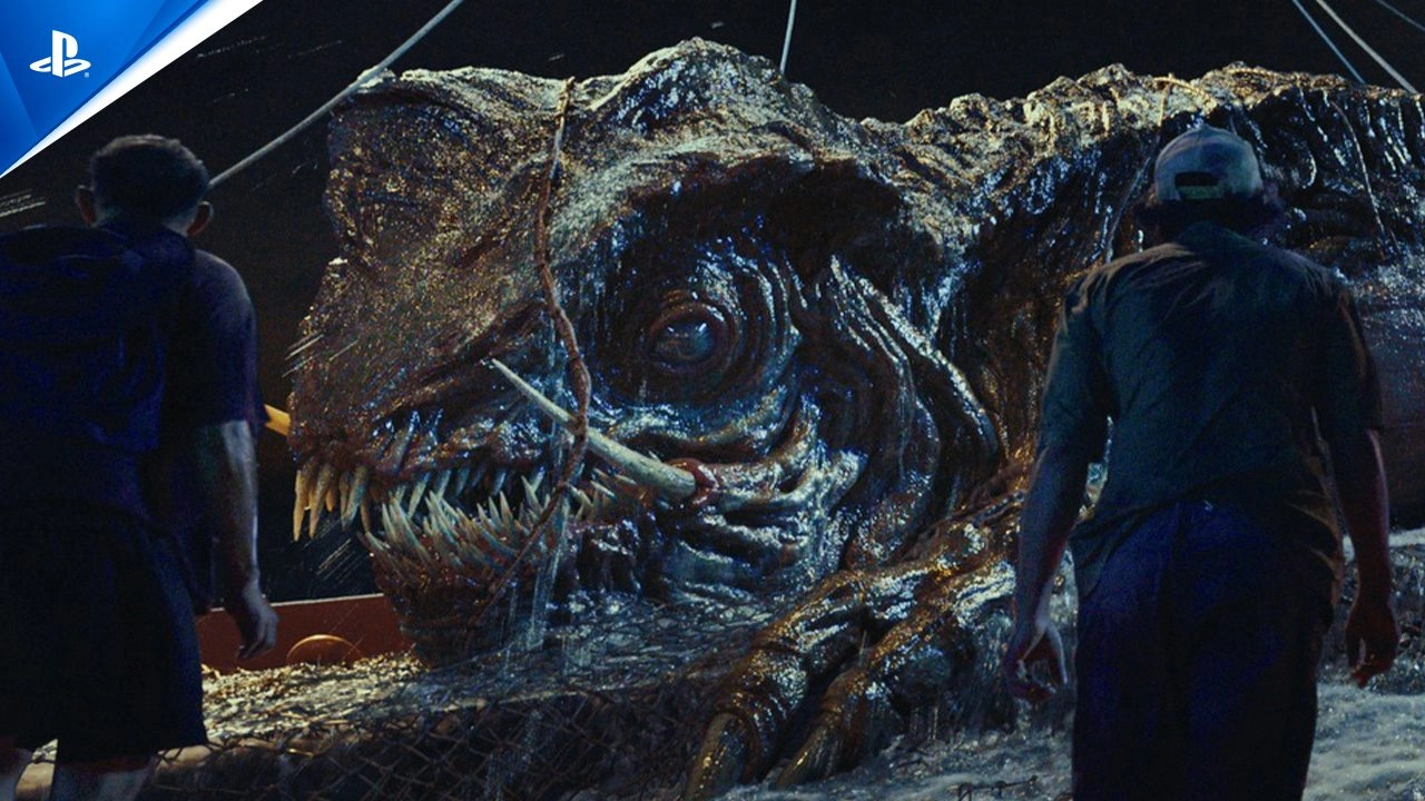 Two people facing a massive, monstrous creature on a ship, highlighting PlayStation 5's thrilling moments