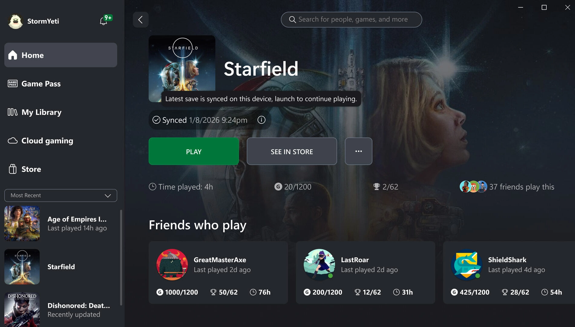 Xbox PC app interface showing Starfield game details, friends' progress, and play options on screen