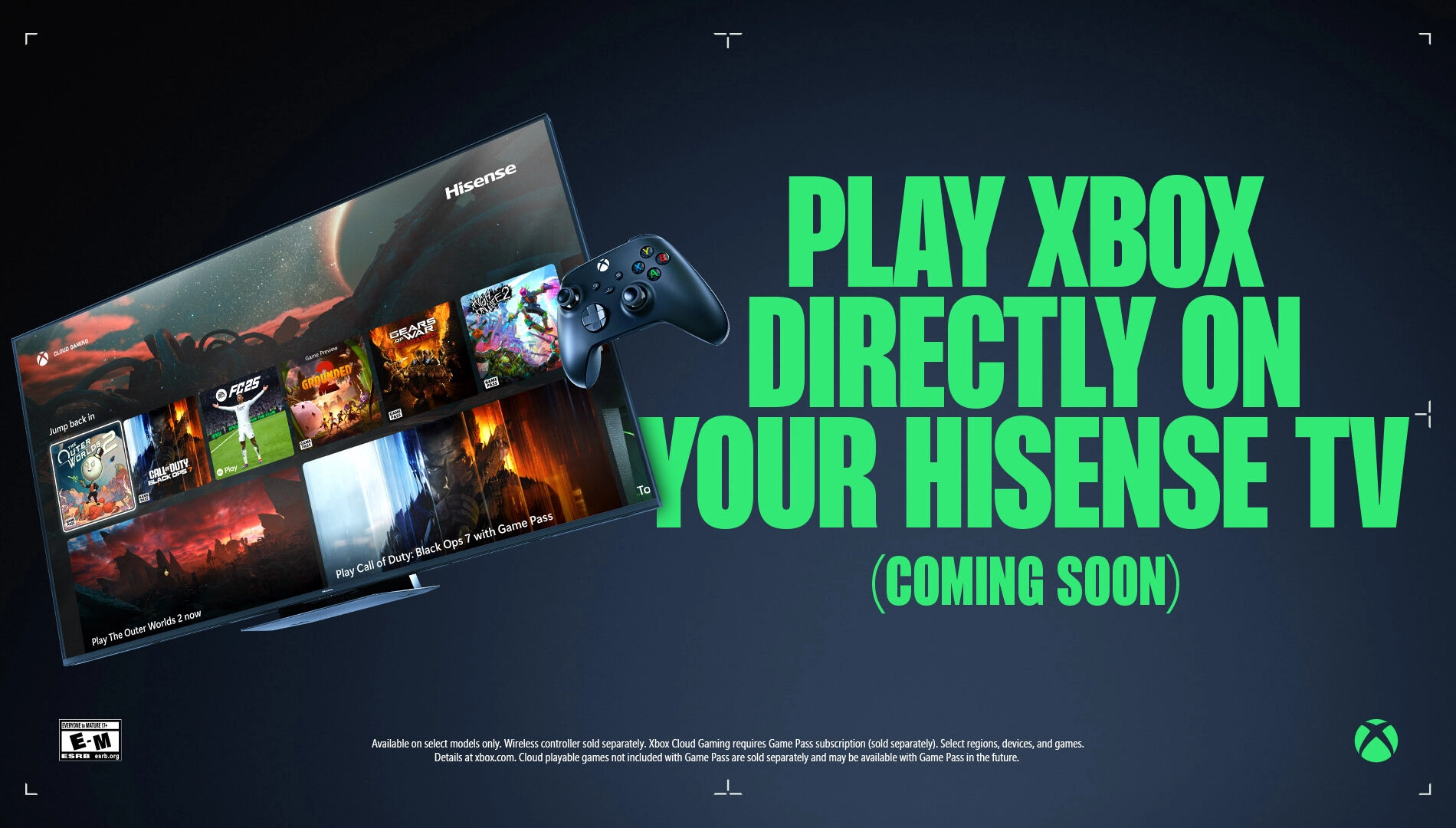 Hisense TV displaying Xbox Game Pass interface with controller, highlighting upcoming streaming feature