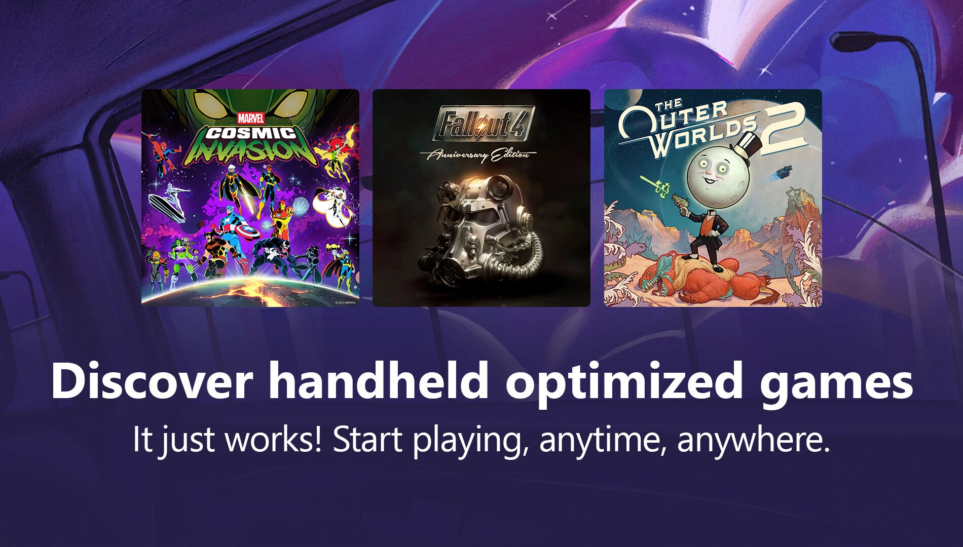 Three game covers: Marvel's Cosmic Invasion, Fallout 4 Anniversary, and The Outer Worlds 2 with text below