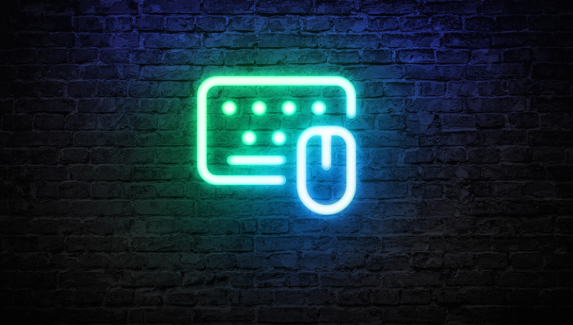 Neon outline of a keyboard and mouse on a brick wall, symbolizing gaming and tech innovation