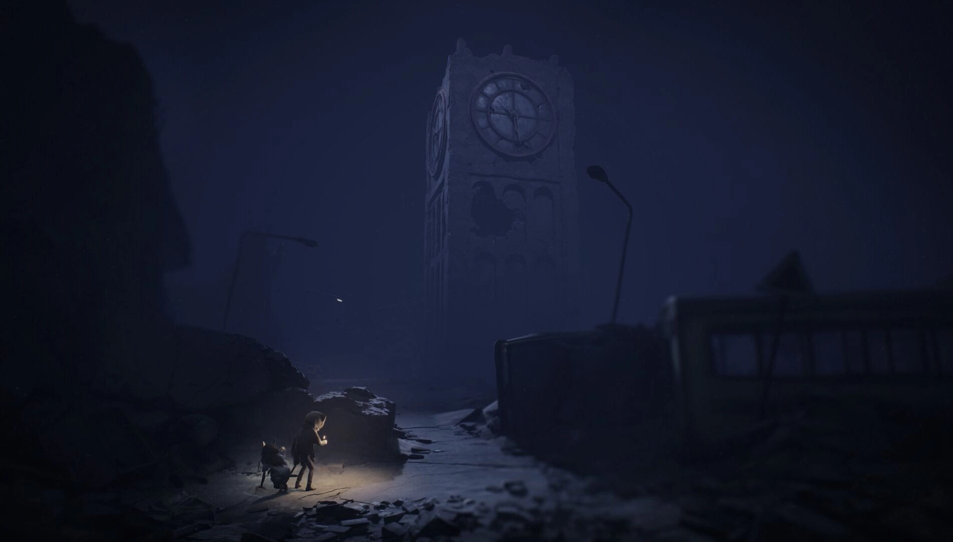 A person with a flashlight explores a dark, eerie landscape with a ruined clock tower in the background