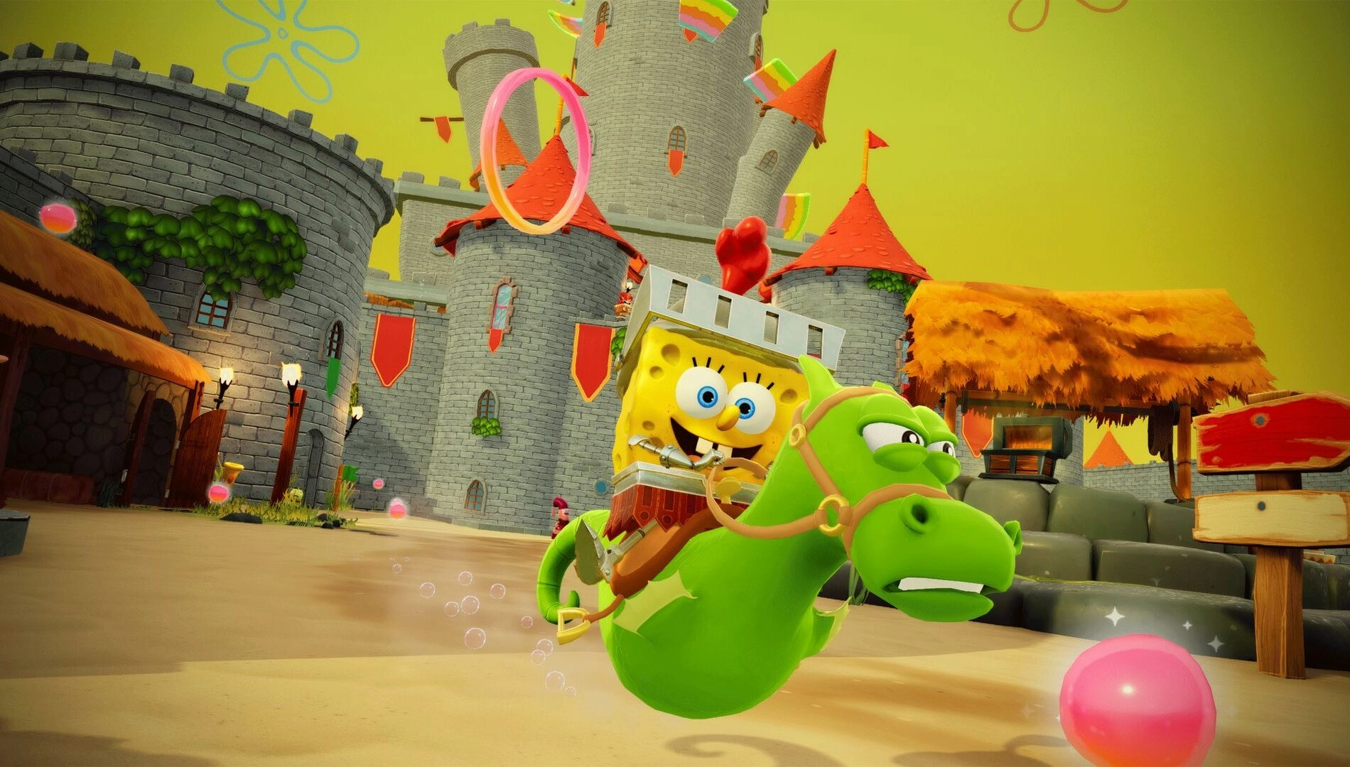 SpongeBob rides a green seahorse in front of a colorful castle, promoting THQ Nordic's game sale