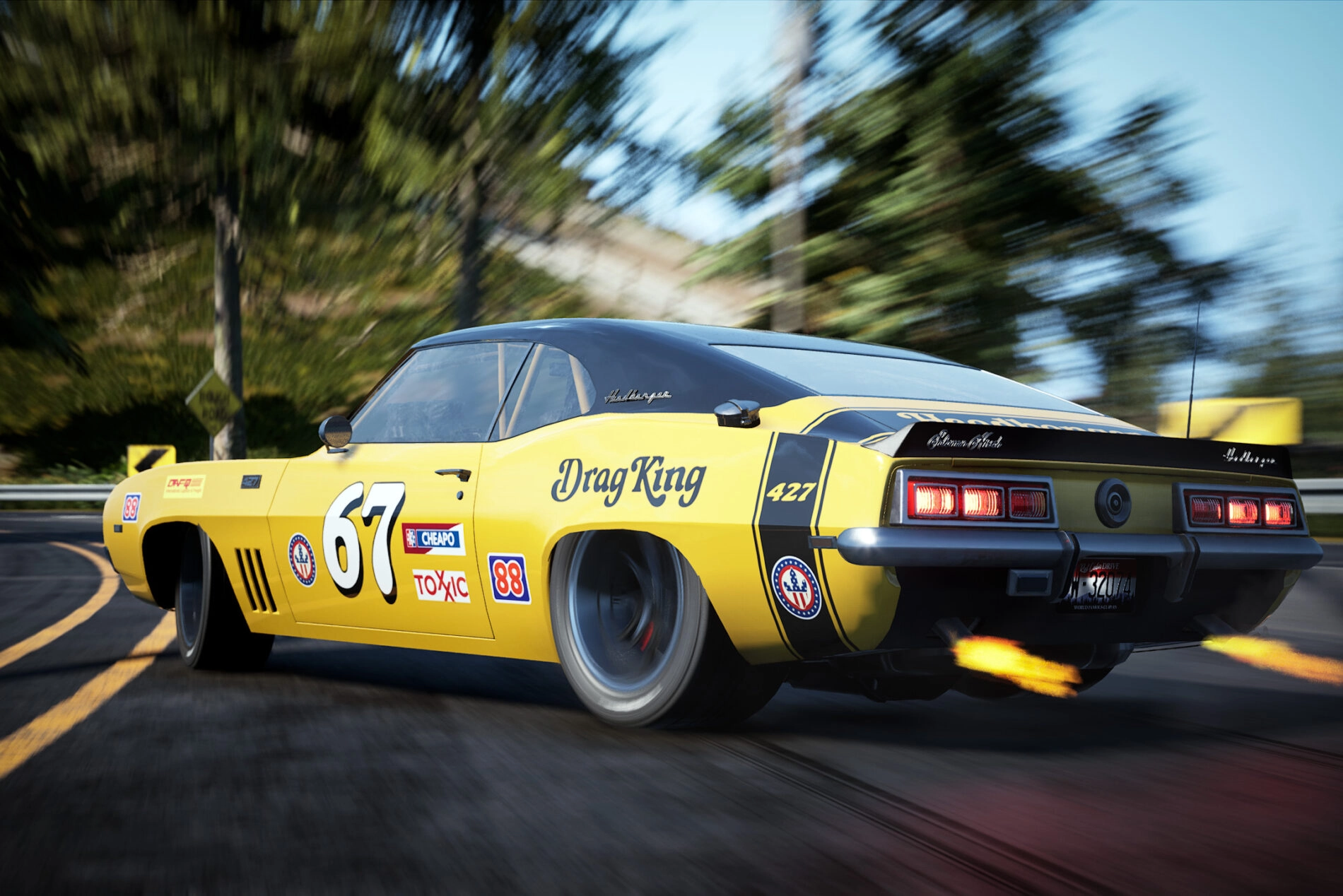 Yellow race car with flames from exhaust, drifting on a track, promoting THQ Nordic's Wreckfest sale