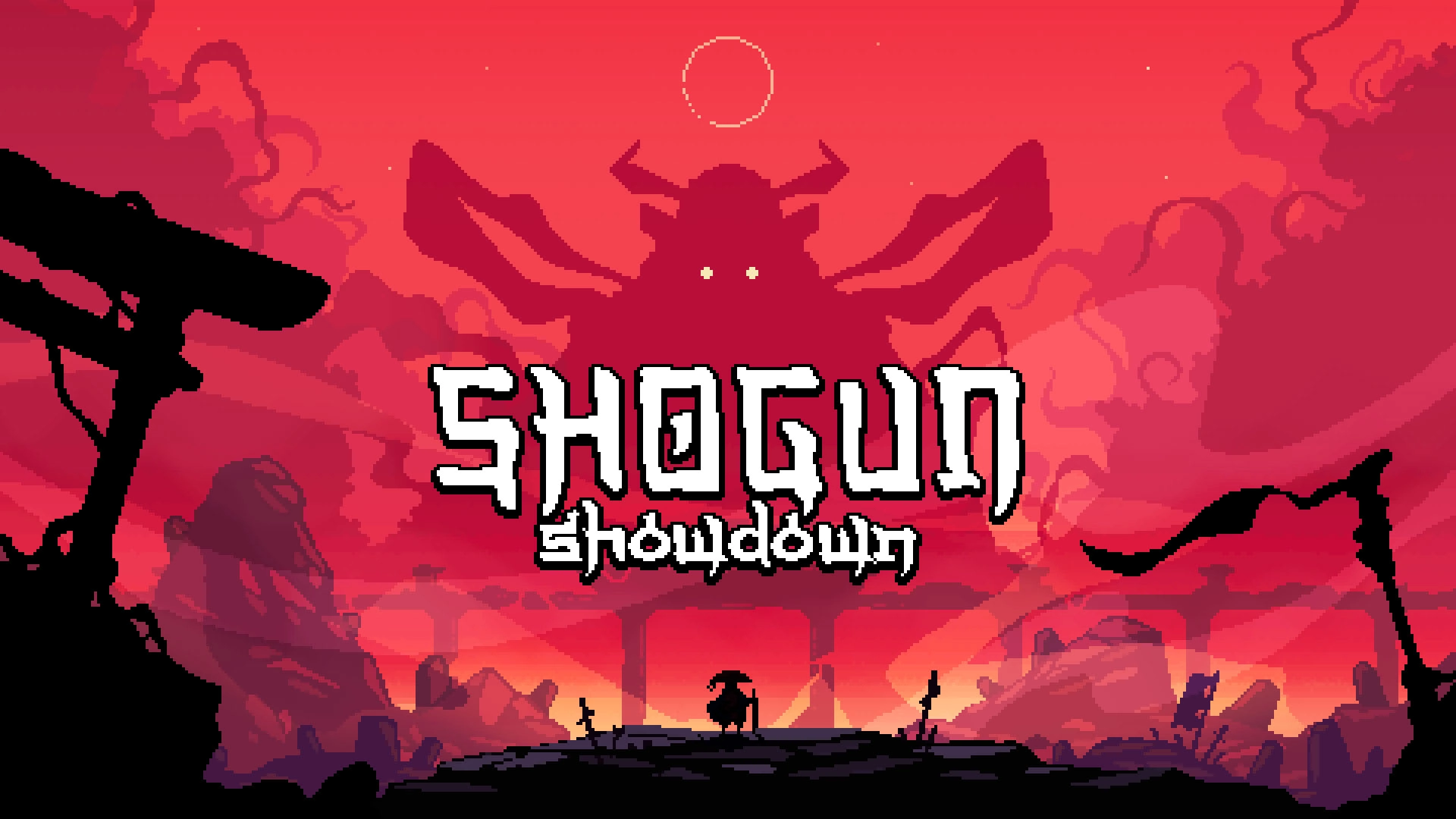 Shogun Showdown game cover art featuring a warrior silhouette against a vibrant red sunset backdrop, ideal for Nintendo Sw...
