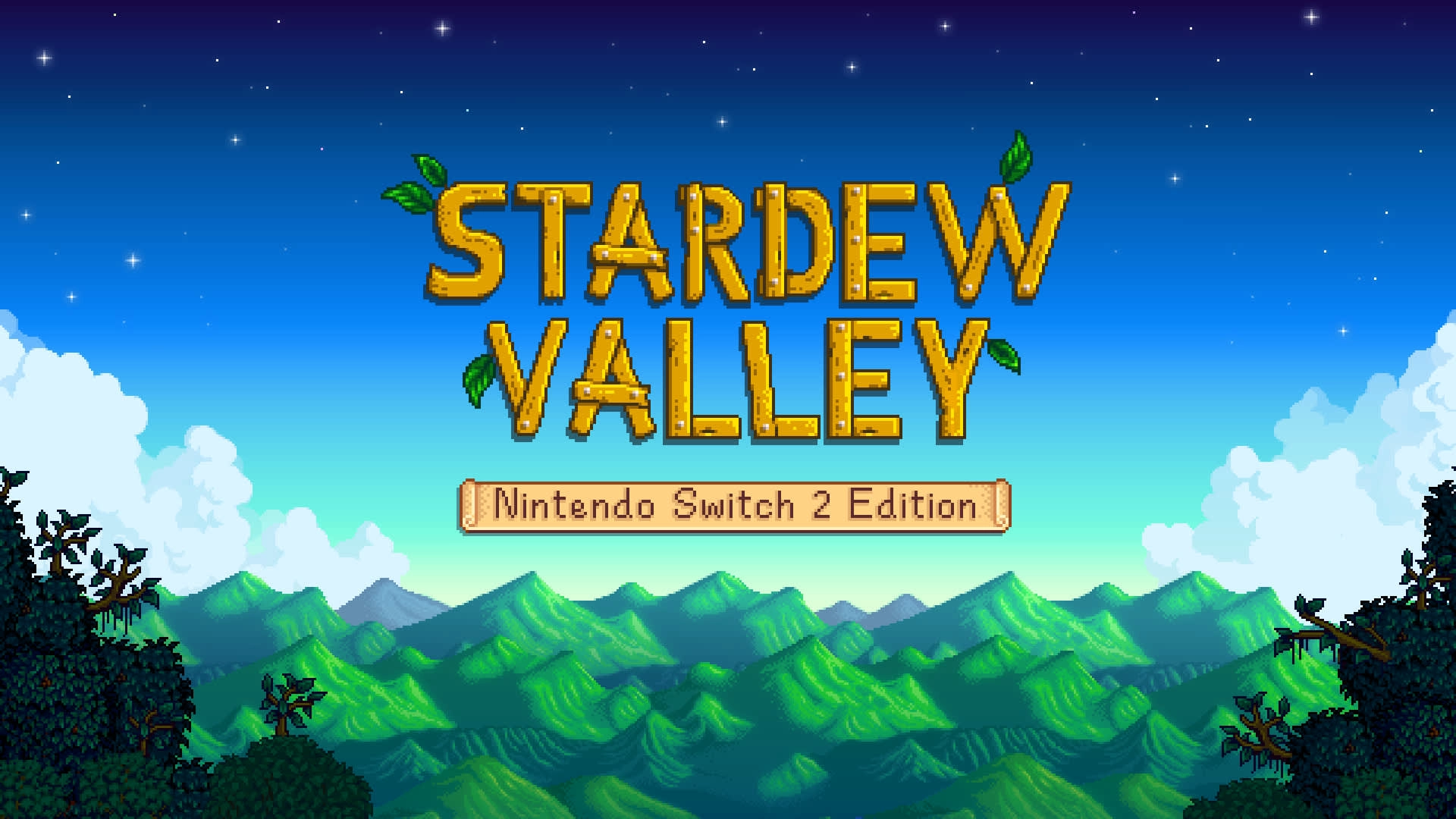 Stardew Valley Nintendo Switch 2 Edition showcases lush mountains and a vibrant sunset, perfect for farming adventure fans.