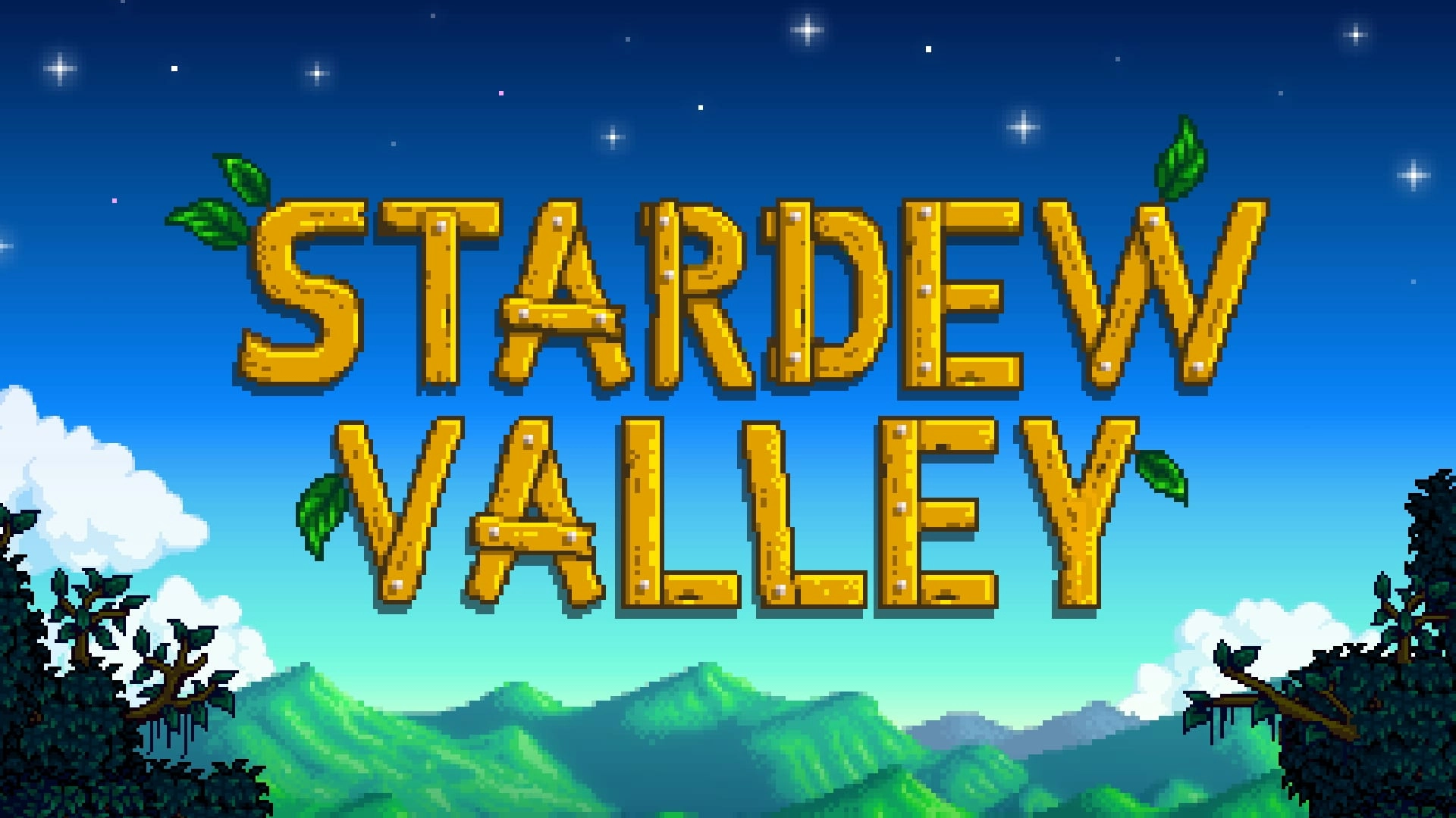 Stardew Valley title screen features vibrant landscapes, inviting players to explore farming and adventure on Nintendo Swi...