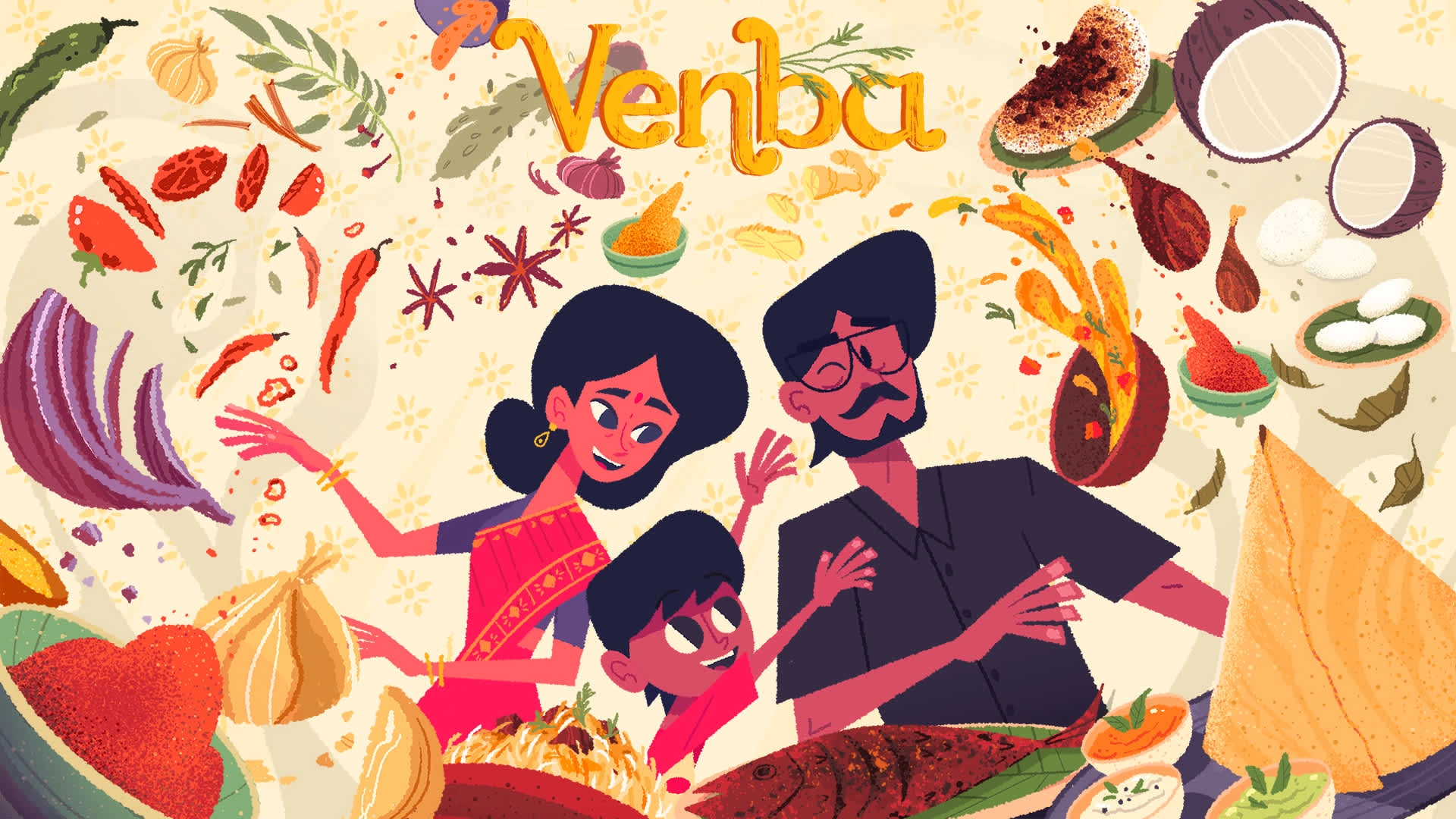Colorful illustration of a family enjoying cooking together, with various ingredients and spices, representing the game