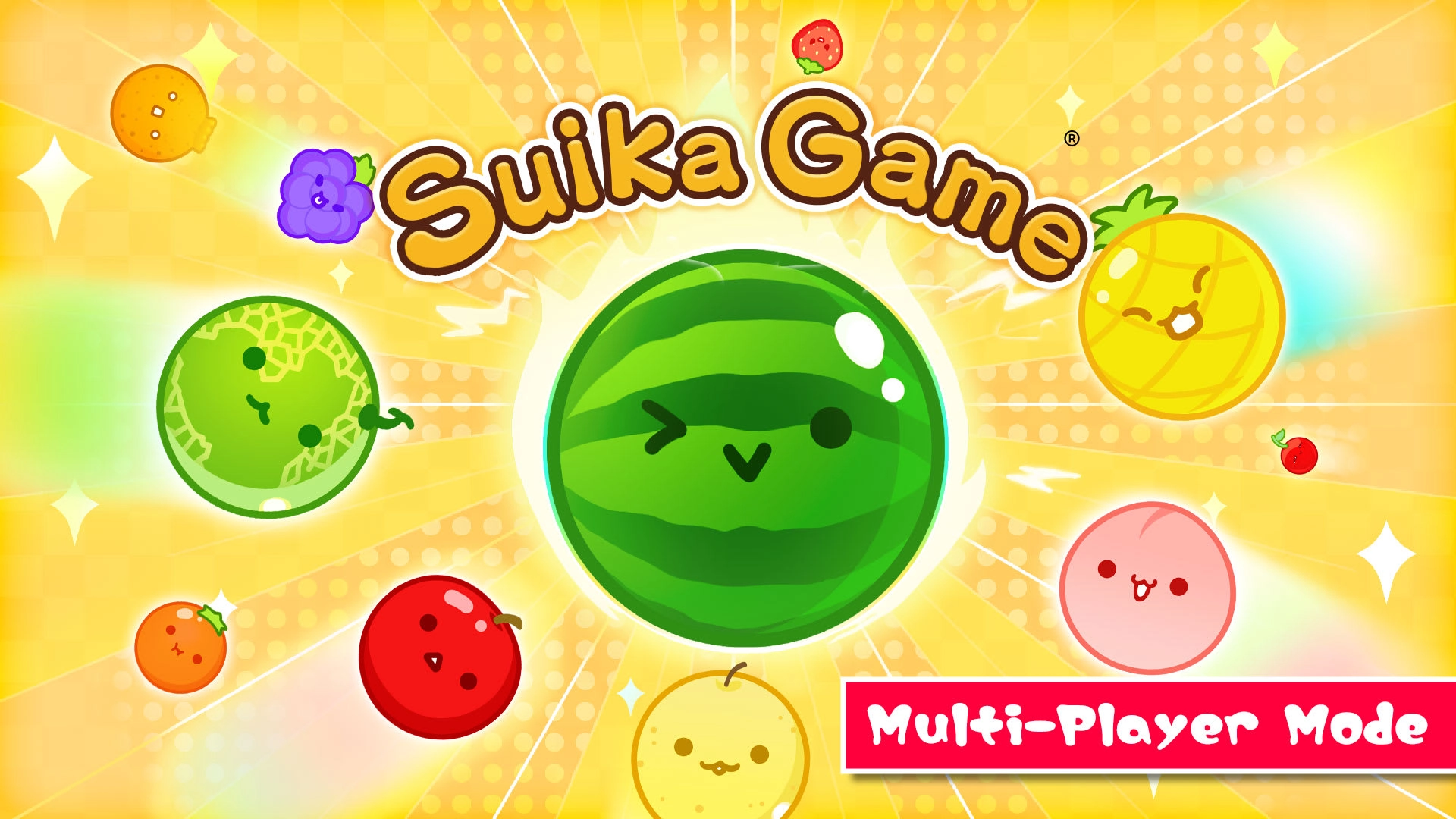 Colorful Suika Game cover featuring cute fruits and a watermelon character, promoting multiplayer mode on Nintendo Switch.