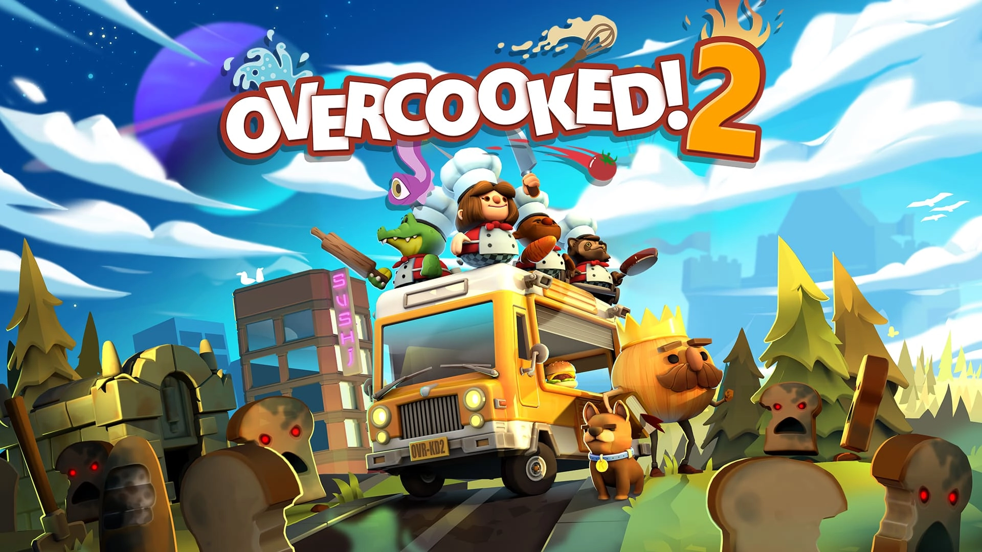 Colorful scene from Overcooked! 2, featuring chefs and creatures in a fun cooking adventure on a bus.
