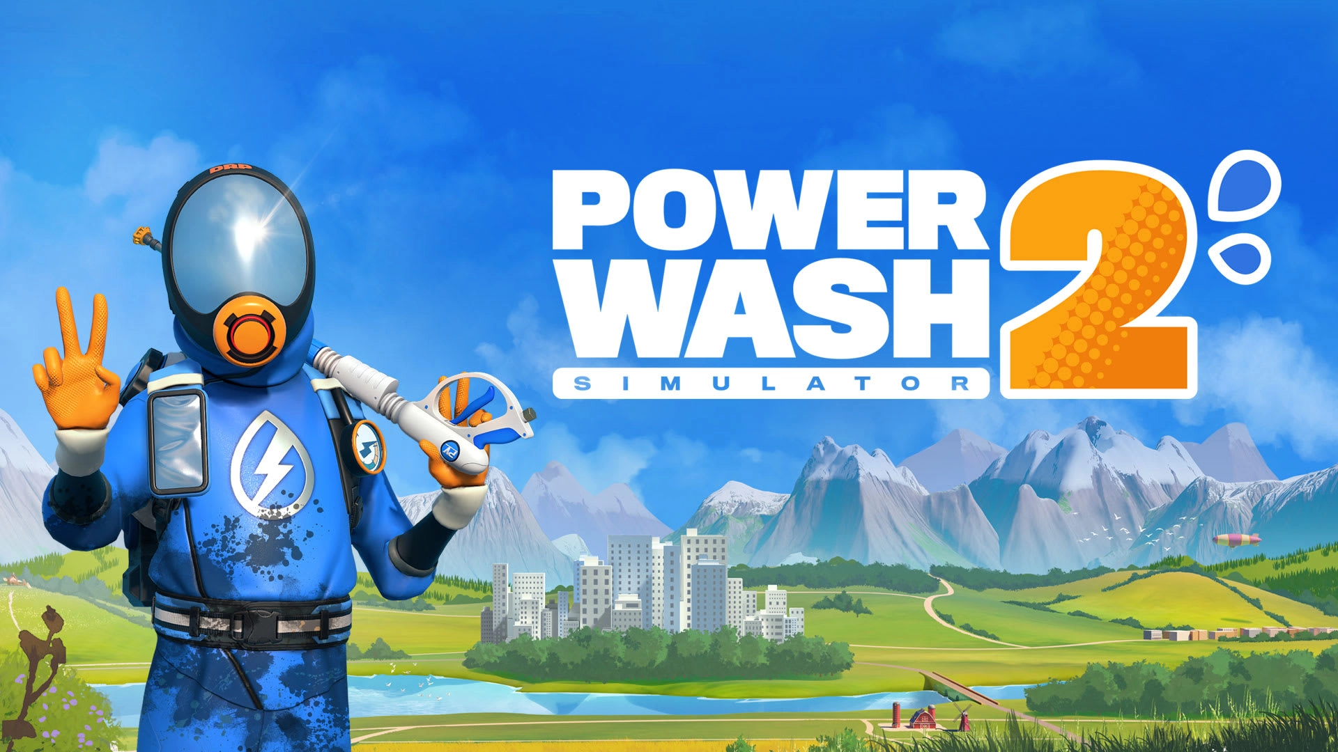 PowerWash Simulator 2 cover art featuring a character in a blue suit with a power washer, set against a scenic landscape.