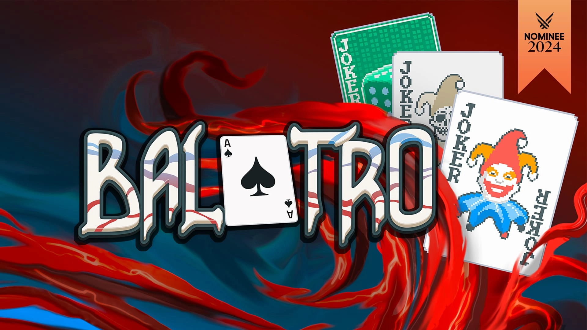 Balatro game artwork featuring playing cards, vibrant colors, ideal for affordable gaming on Nintendo Switch.