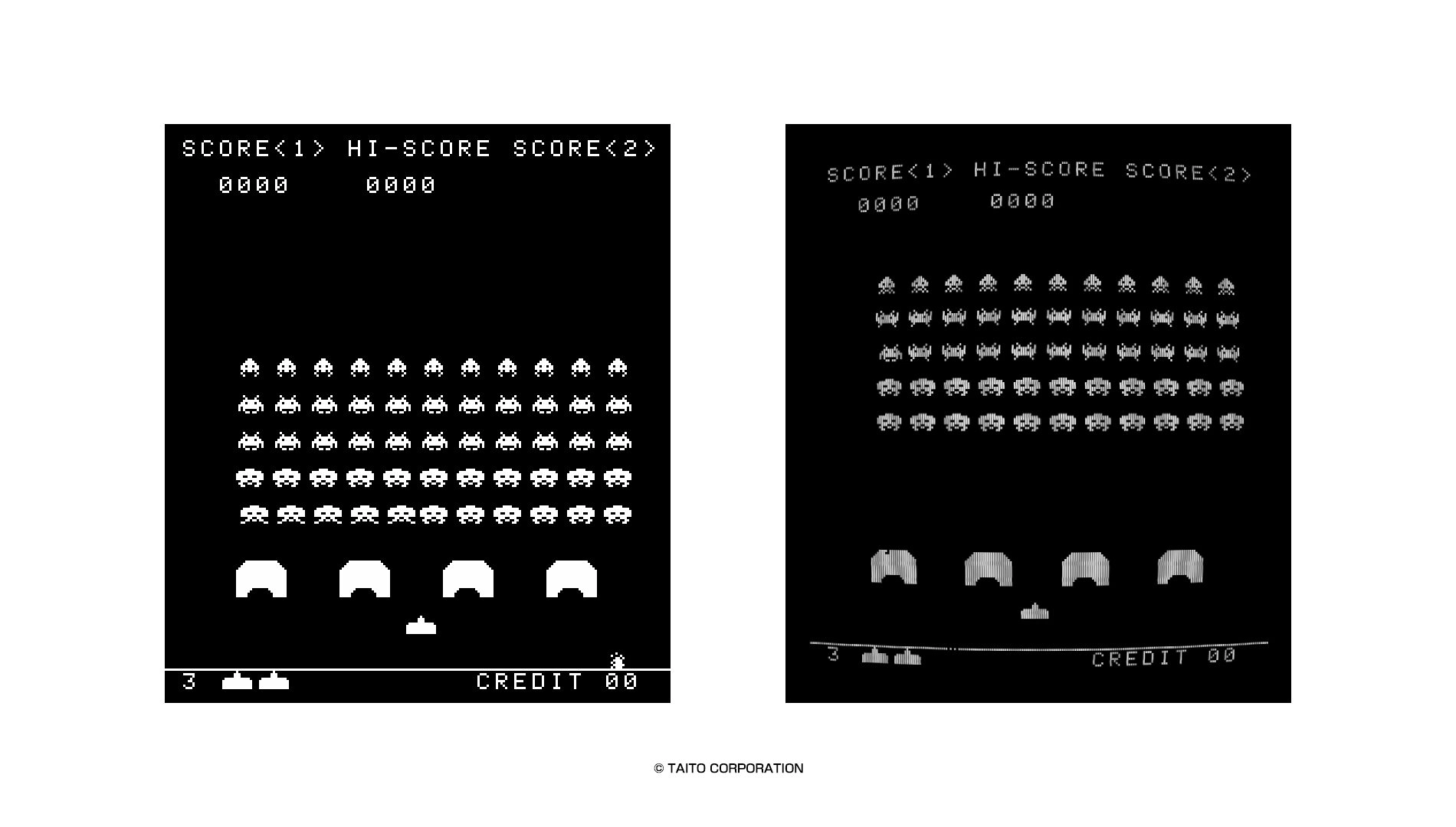 Classic Space Invaders gameplay screen showing alien rows and player defenses in black and white graphics