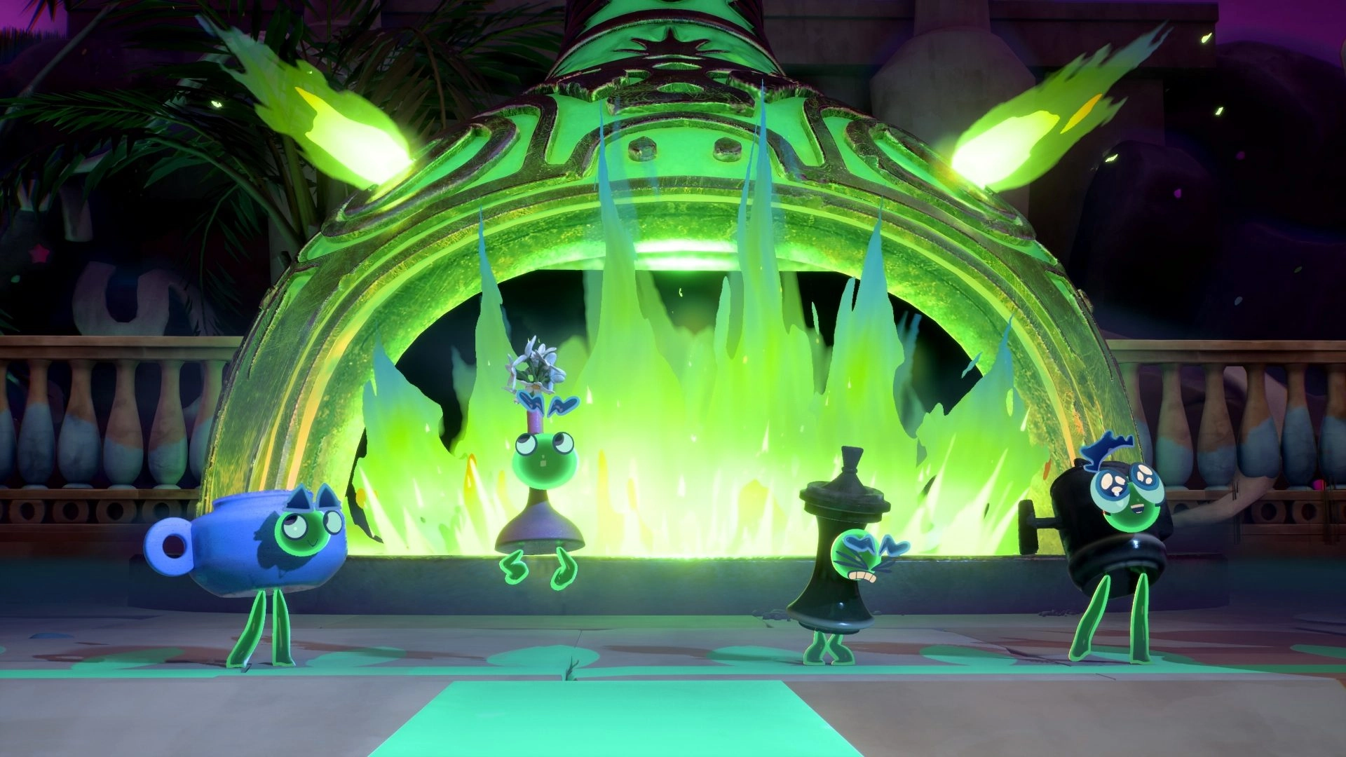 Colorful spirits with ceramic bodies stand in front of a glowing green kiln, ready for pottery battle