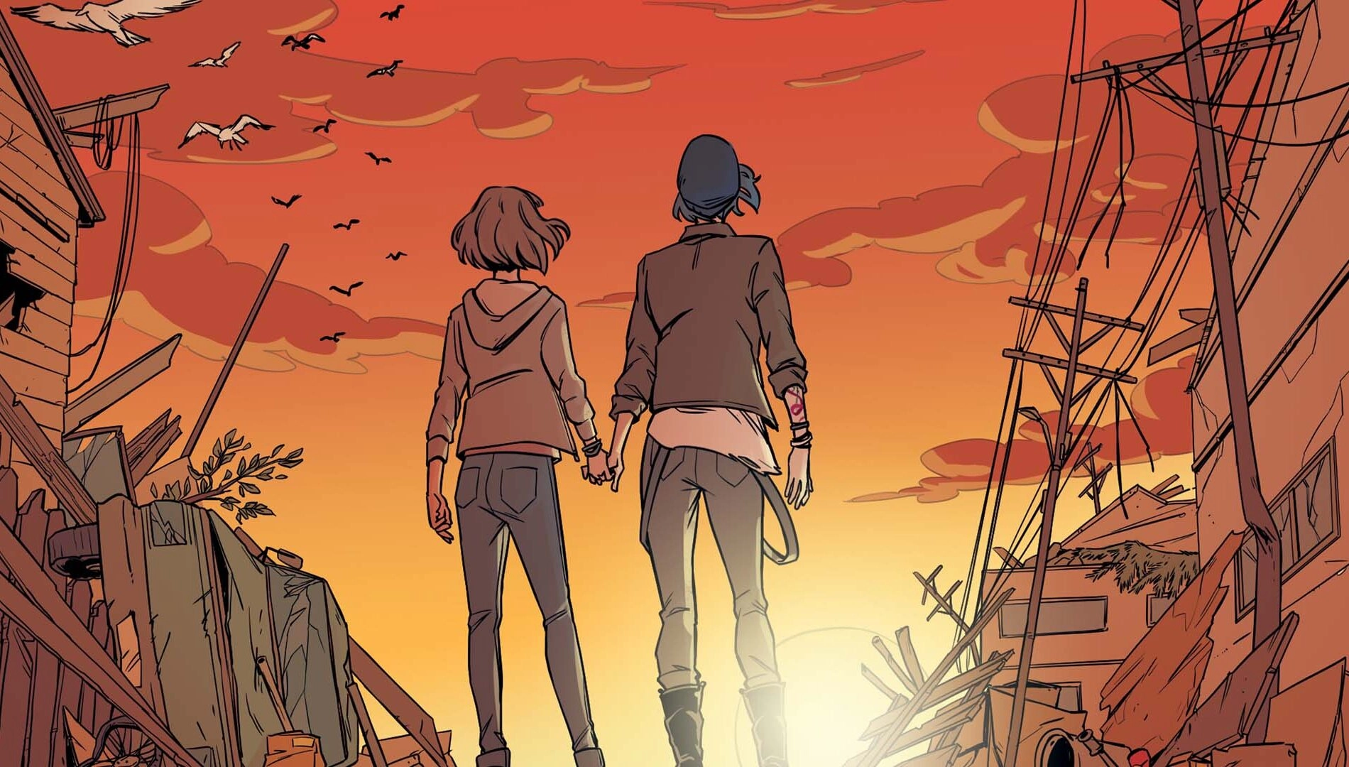 Max and Chloe hold hands, walking towards a sunset in a post-apocalyptic setting with birds flying above
