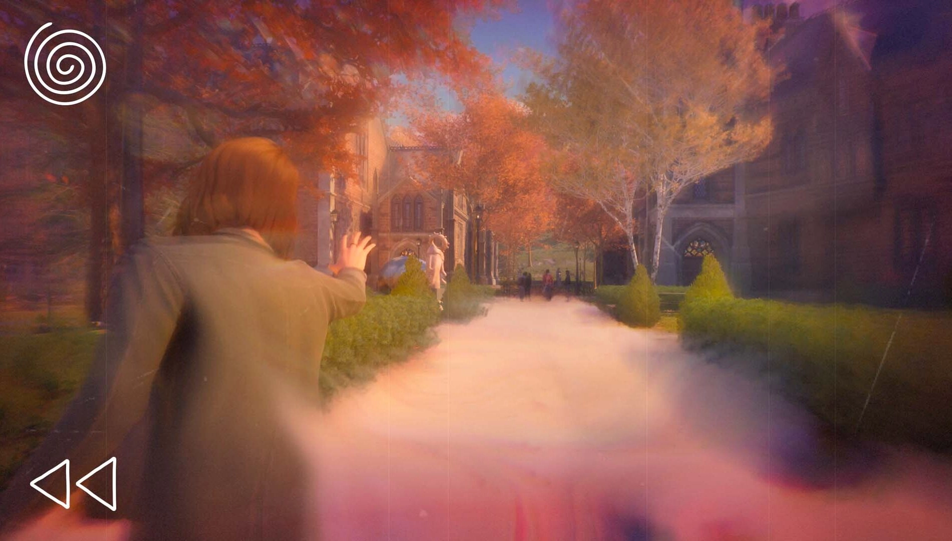 A person reaches out in a vibrant, dreamlike autumn setting, evoking themes of time and mystery