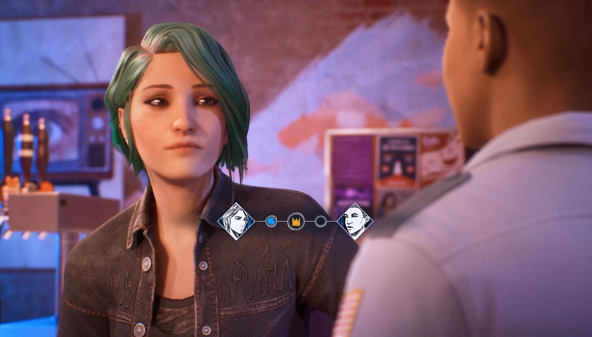 Chloe with green hair talks to a uniformed officer in a room with posters and a decision prompt visible