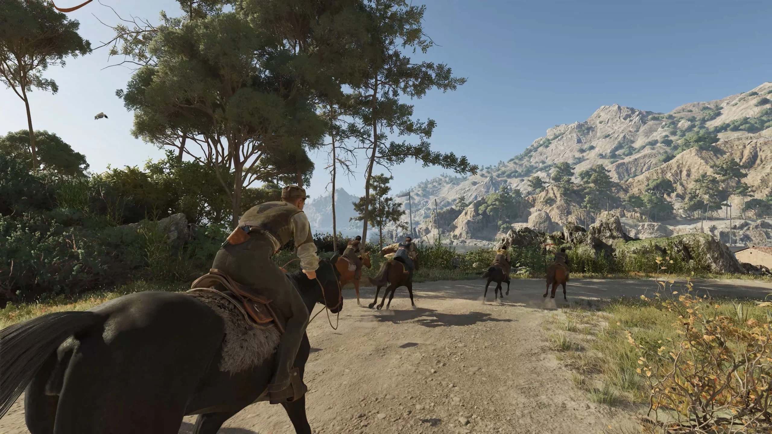 Riders on horseback explore a scenic mountain trail in Mafia: The Old Country's Free Ride update