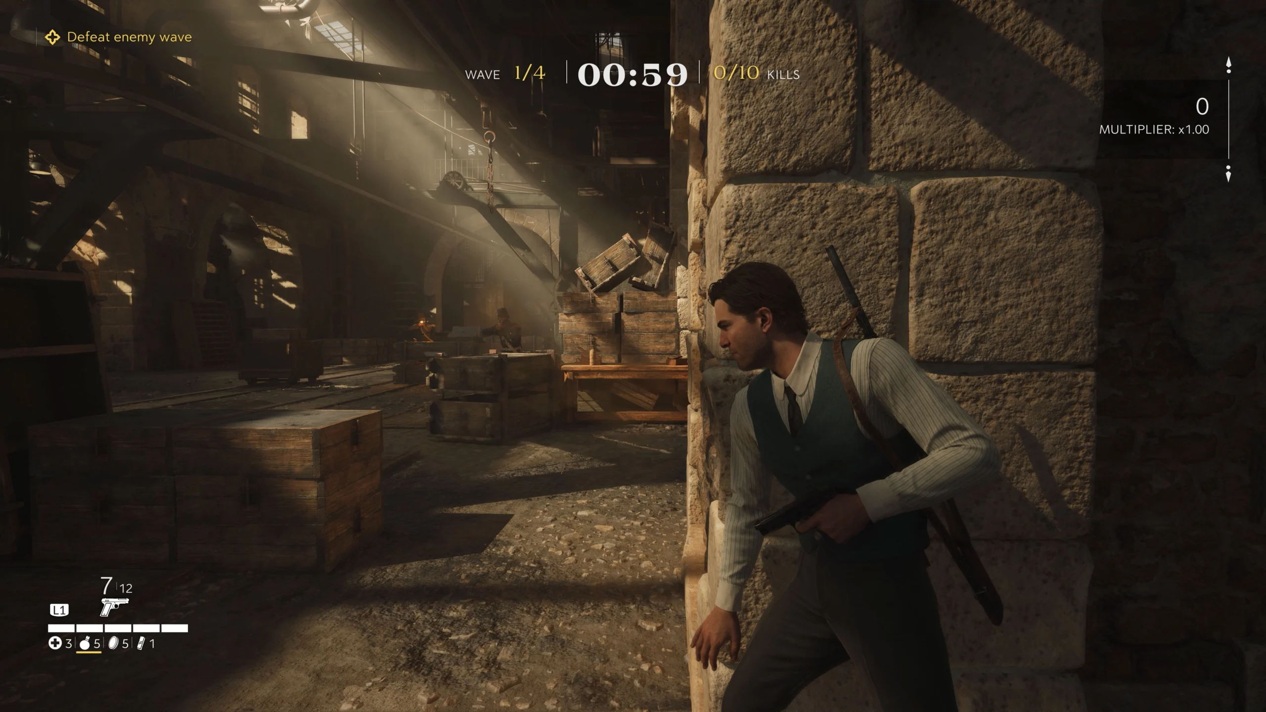 A man with a gun takes cover in a dimly lit warehouse, ready for action in Mafia: The Old Country update