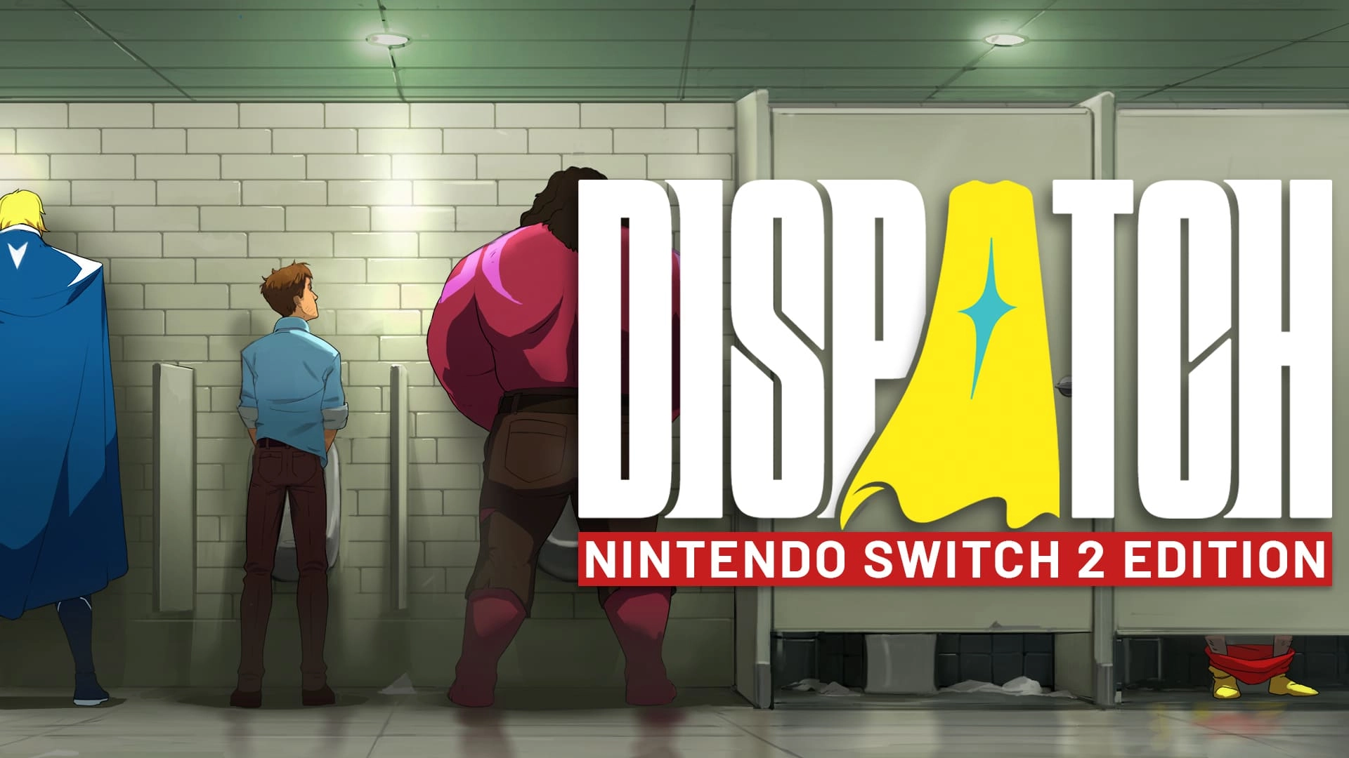 Two men, one in a superhero cape, stand at urinals in a restroom with the Dispatch game logo displayed