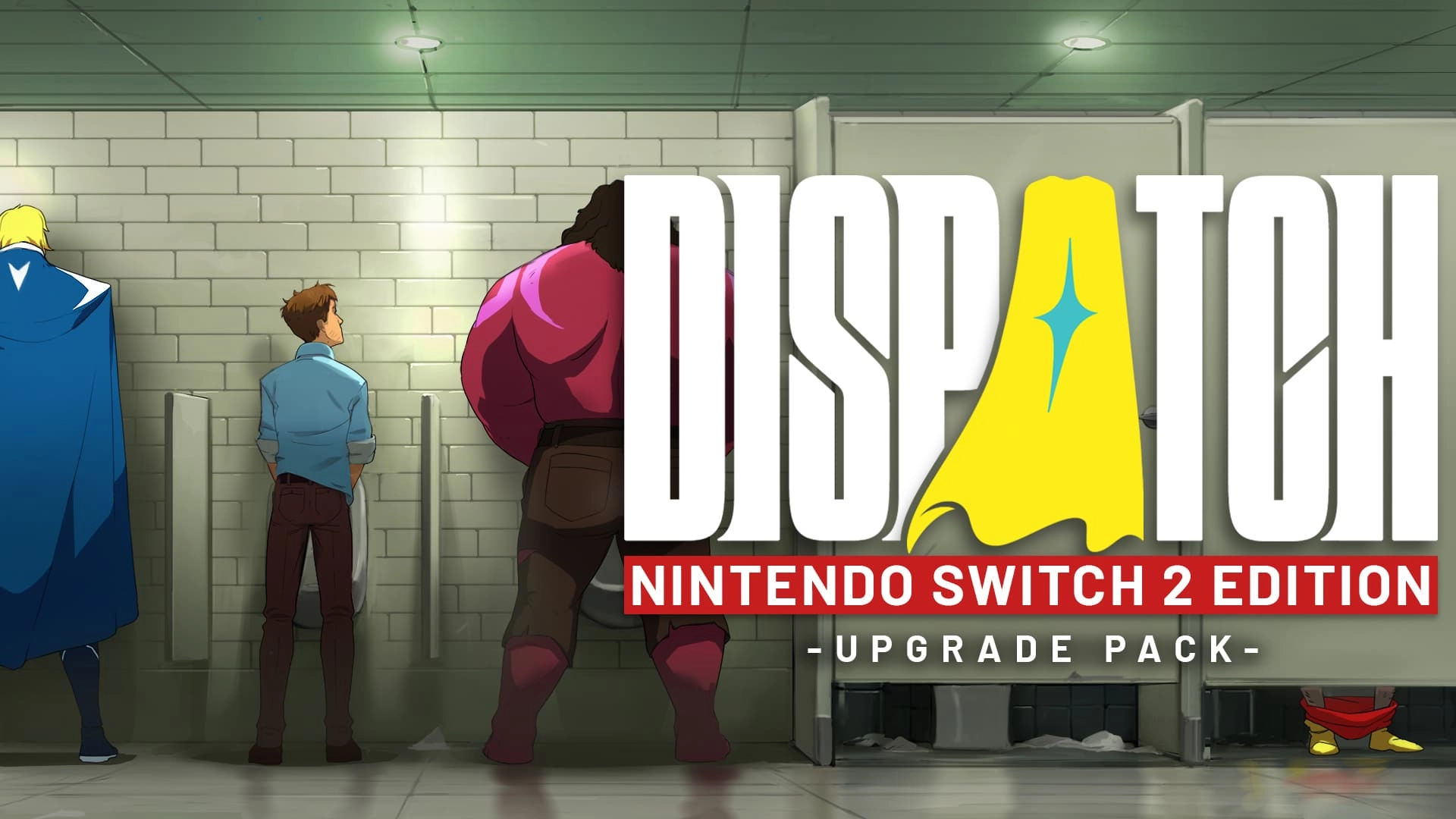 Three characters in a restroom, one in a superhero cape, with the Dispatch game logo prominently displayed