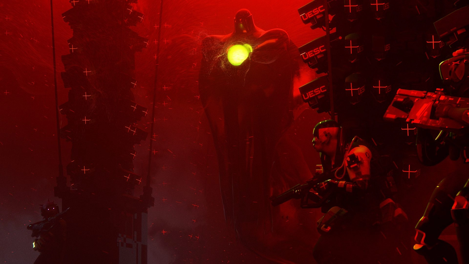 Runners in a red-lit facility face a mysterious entity with a glowing core, surrounded by UESC symbols