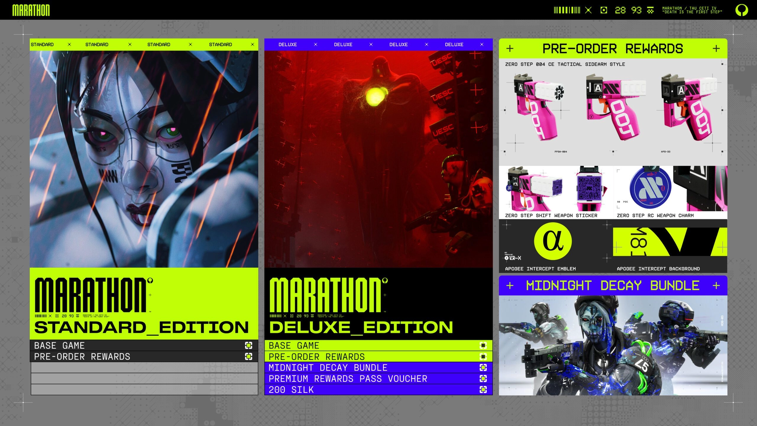Marathon game editions displayed with vibrant artwork, pre-order bonuses, and exclusive in-game items