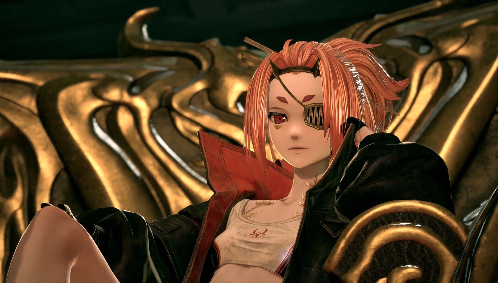 Code Vein II character Josée Anjou, a stoic Revenant with pink hair, preparing for battle amidst golden structures.