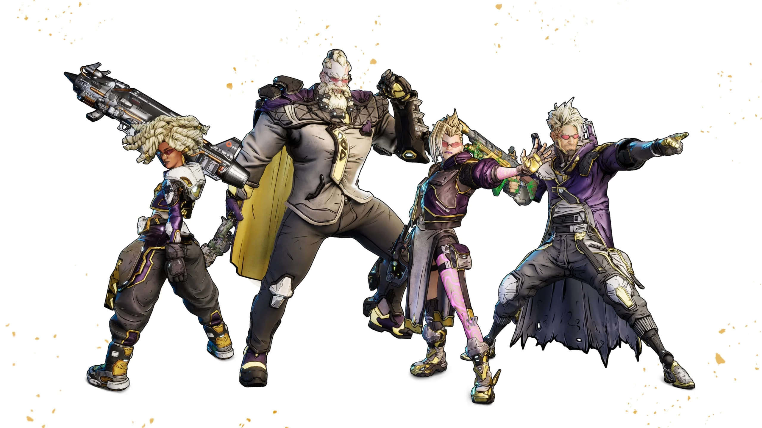 Four stylized characters in dynamic poses, each wielding unique weapons, set against a white background