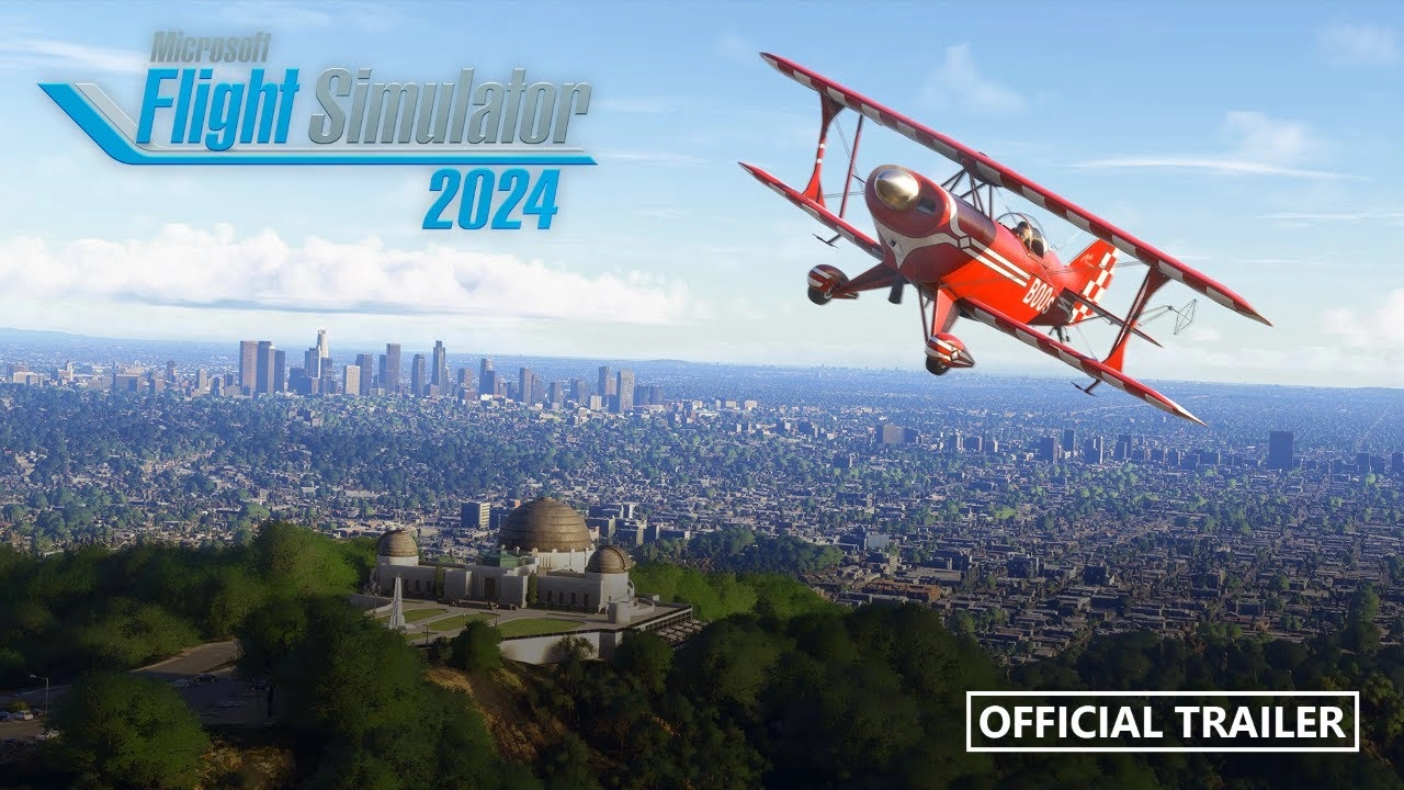 A red biplane flies over a detailed urban landscape with a city skyline and observatory in view