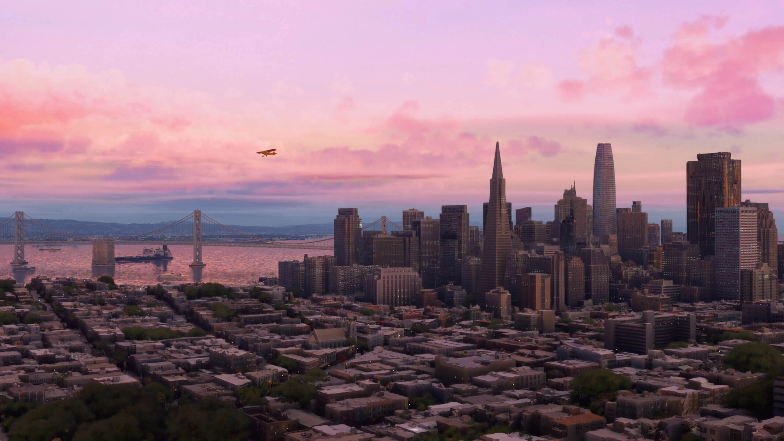 San Francisco skyline at sunset with iconic skyscrapers and Bay Bridge, showcasing California's beauty