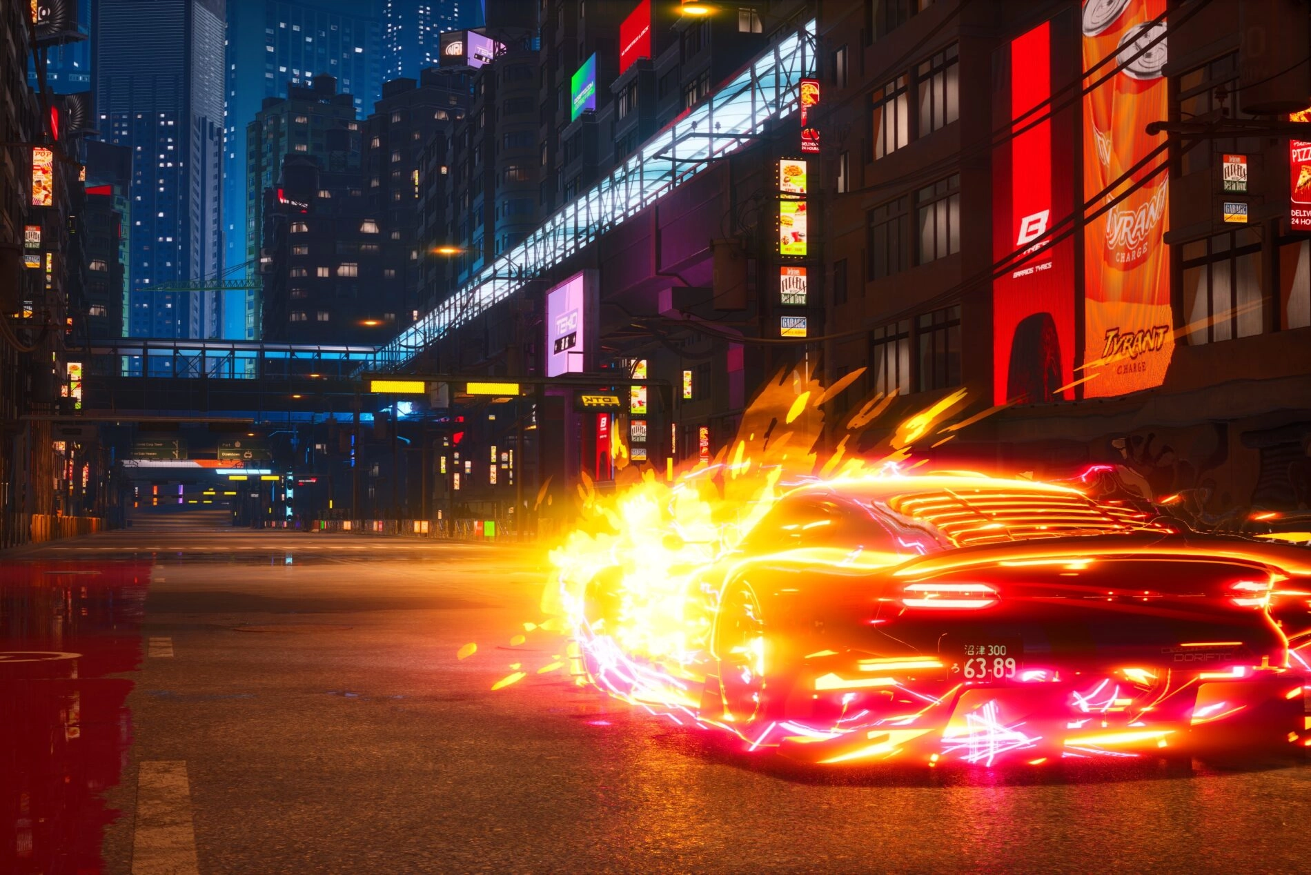 A futuristic car speeds through a neon-lit city street, leaving a trail of vibrant flames behind it