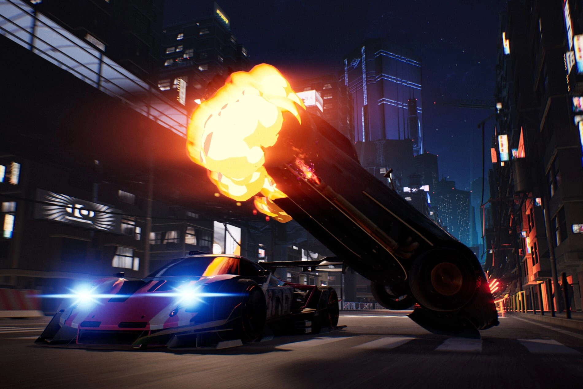 A racing car speeds through a neon-lit city as another vehicle explodes dramatically in the background