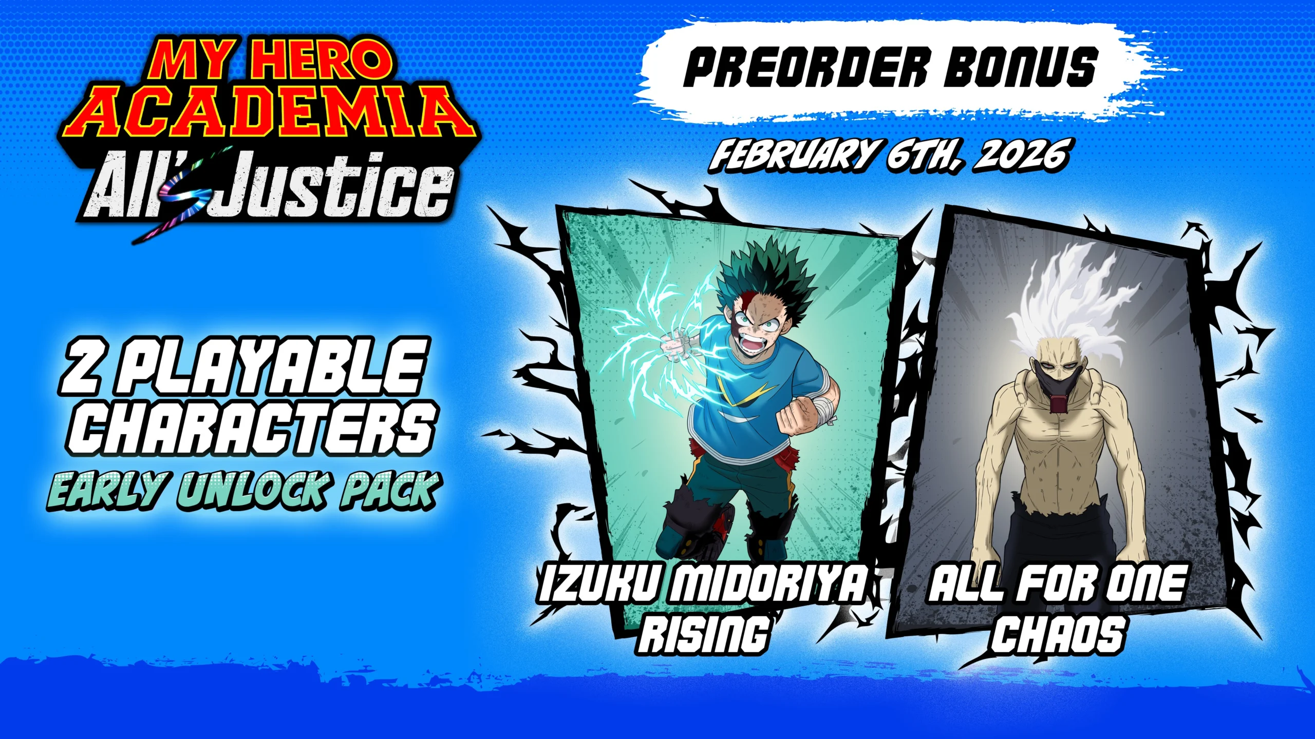 Preorder My Hero Academia: All’s Justice game for exclusive characters Izuku Midoriya Rising and All For One Chaos.