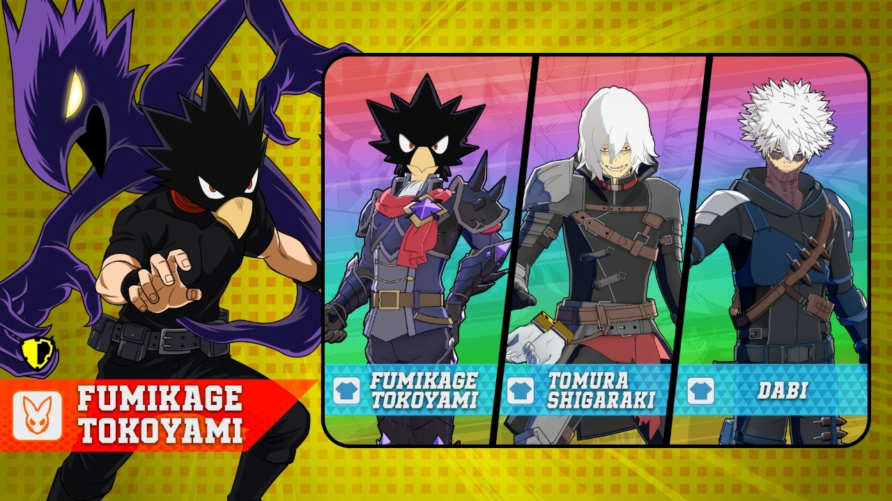 Fumikage Tokoyami with Dark Shadow alongside Tomura Shigaraki and Dabi on a vibrant background
