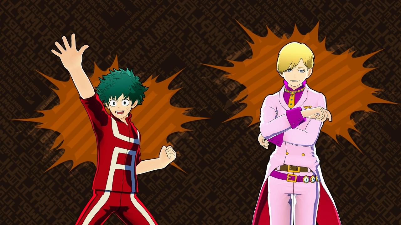 Two animated characters in vibrant costumes, one in red with green hair and another in pink with blonde hair