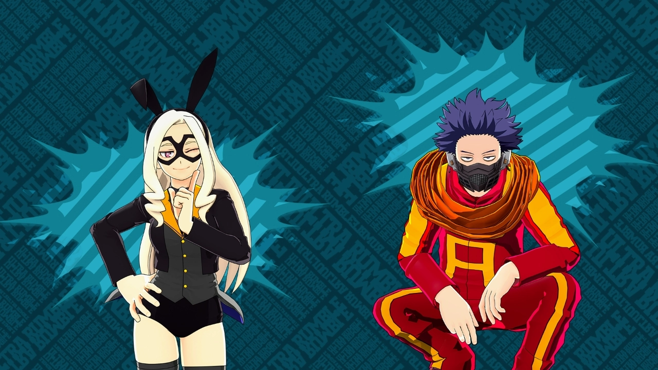 Two anime characters in dynamic poses against a blue patterned background, ready for action