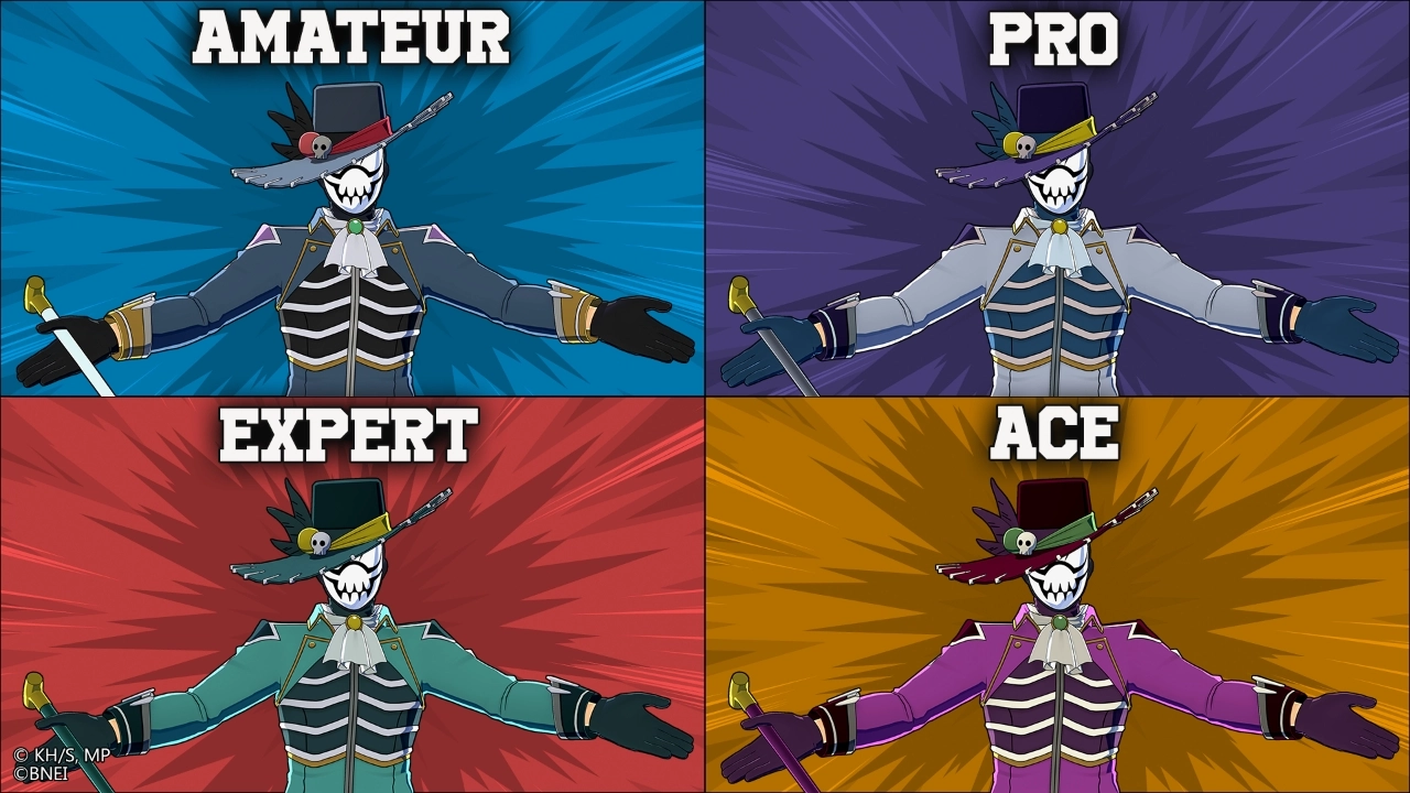 Four panels showing a character in different costumes labeled Amateur, Pro, Expert, and Ace
