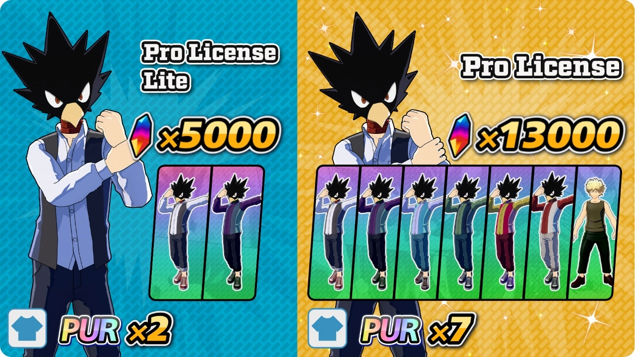 Fumikage Tokoyami poses with Pro License options, showcasing different costumes and crystal rewards